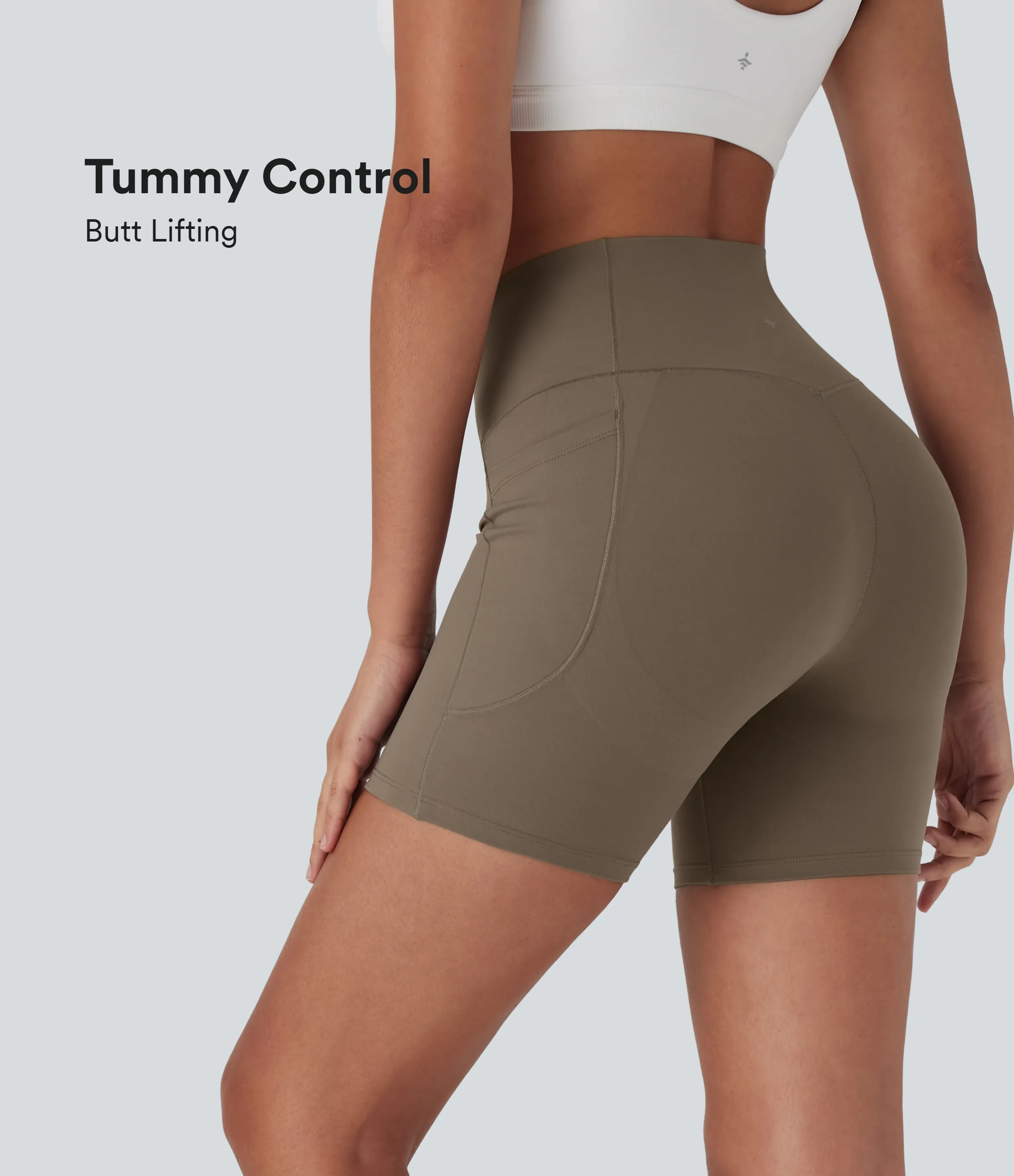 Halara Shorts de yoga moldeadores Halara UltraSculpt™ de tiro alto cruzado con efecto moldeador de abdomen y push-up de 12.5 cm y bolsillos - Dawn Brown - XL sold by Halara