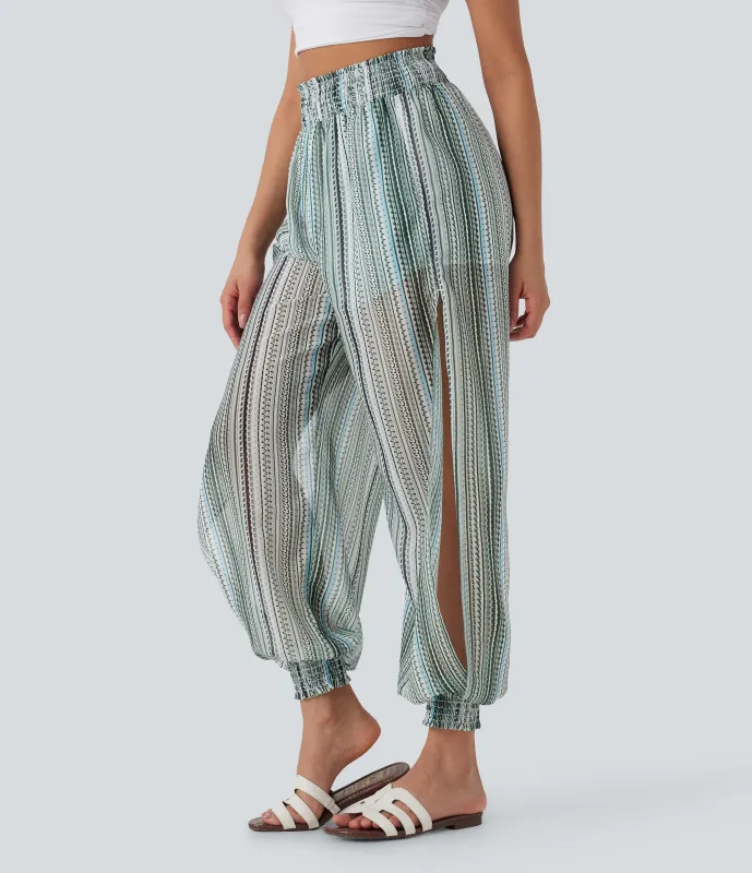 Halara Joggers casuales 2 en 1 de tiro alto a rayas con fruncido dividido y bolsillos - Watercolor fresh stripe - XL(regular) made by Halara