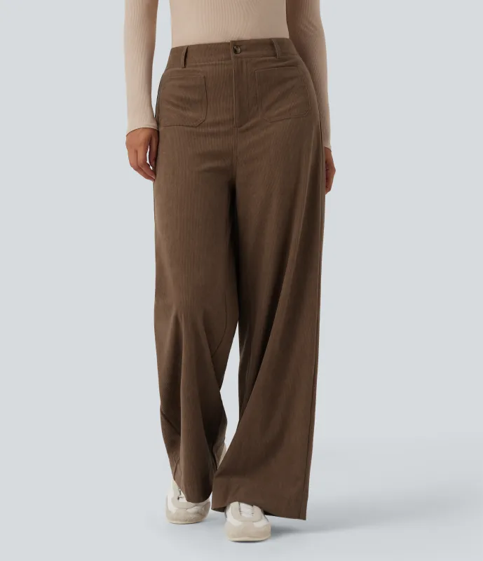 Halara Pantalones casuales rectos de pana de tiro alto con bolsillos - Camellia Brown - S(regular) sold by Halara