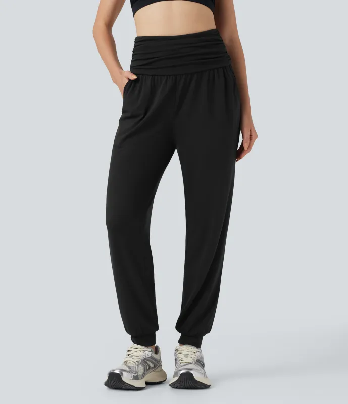 Halara Pantalones de yoga de tiro alto fruncido y jaspeados con bolsillos - Black - XS(tall) made by Halara