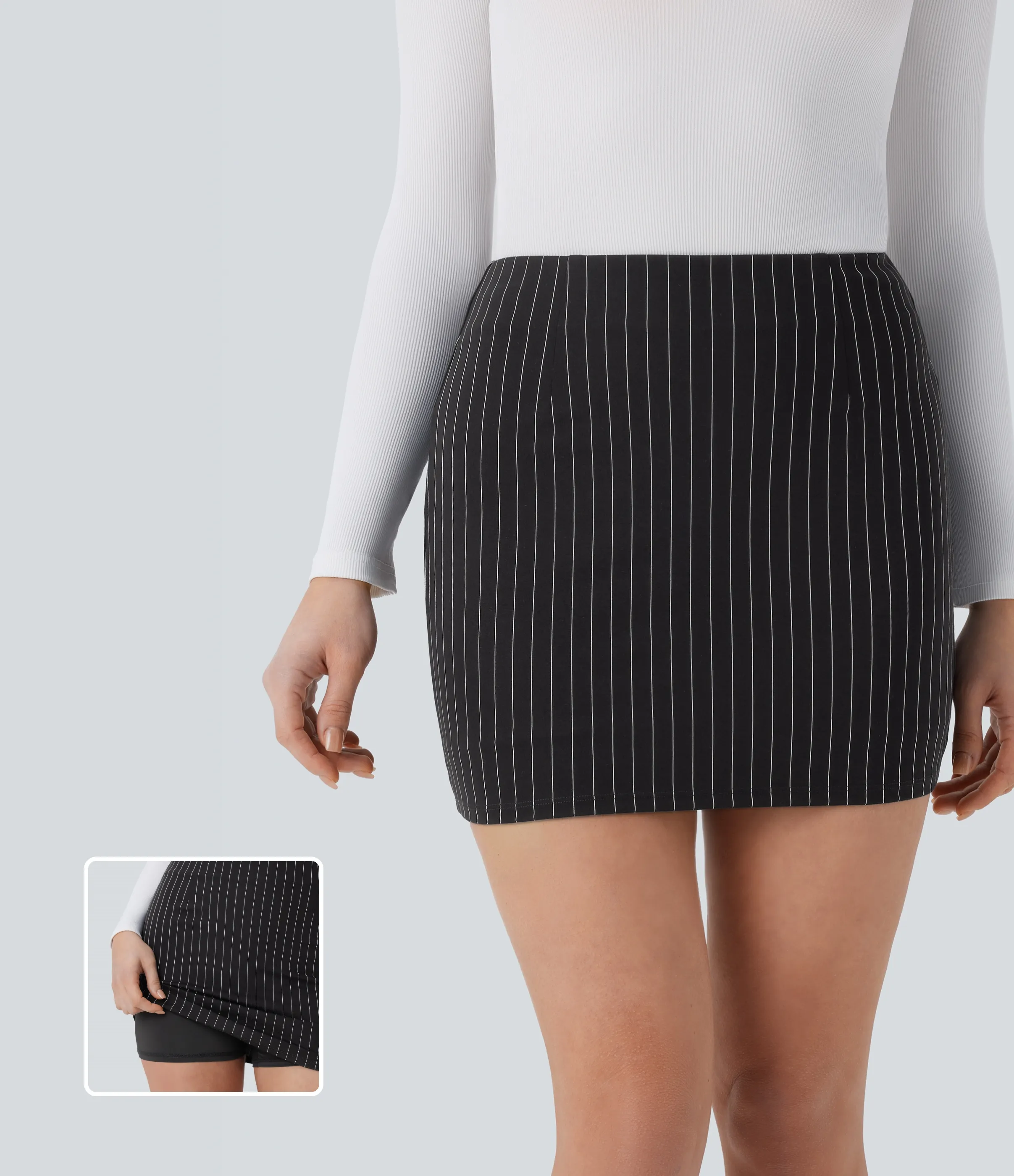Halara Minifalda oficina tiro alto 2 en 1 ajustada rayas tacto agradable - Black White Pinstripe - L(regular) sold by Halara product image thumbnail 2