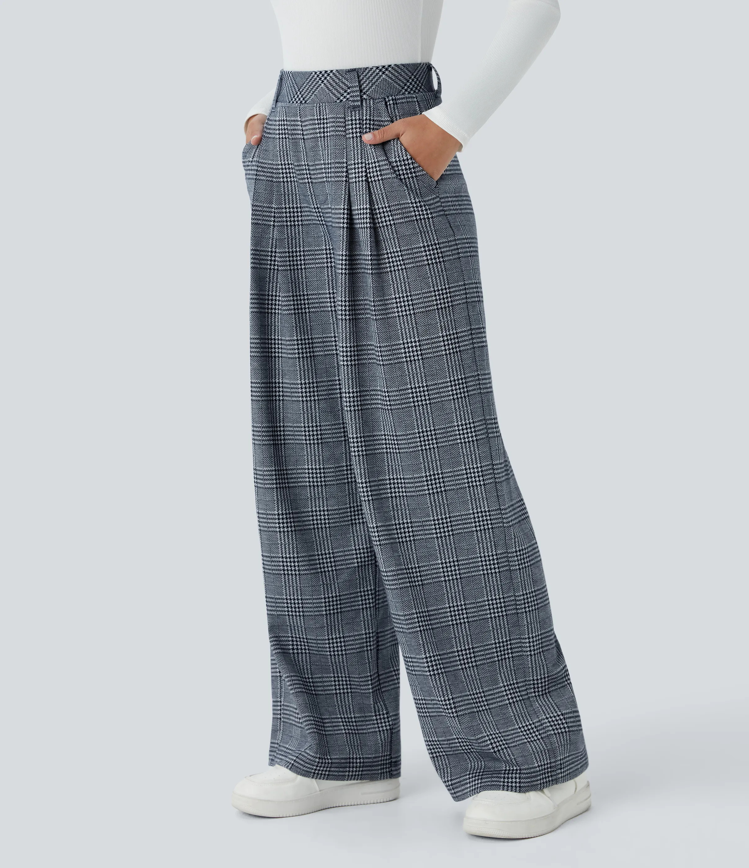 Halara Pantalón tiro alto bolsillo lateral pierna ancha estampado pata gallo - Navy Blue Houndstooth Plaid - XS(petite) sold by Halara product image thumbnail 4