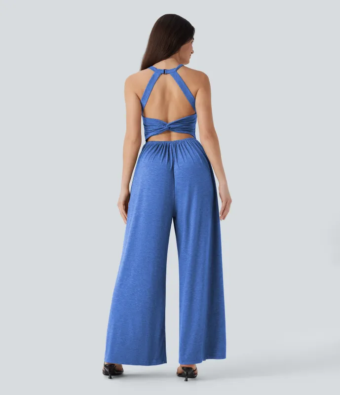 Halara Mono casual ancho con sujetador incorporado, espalda descubierta y bolsillos (edición Easy Peezy) - Sky Blue Floral Yarn - S(regular) sold by Halara