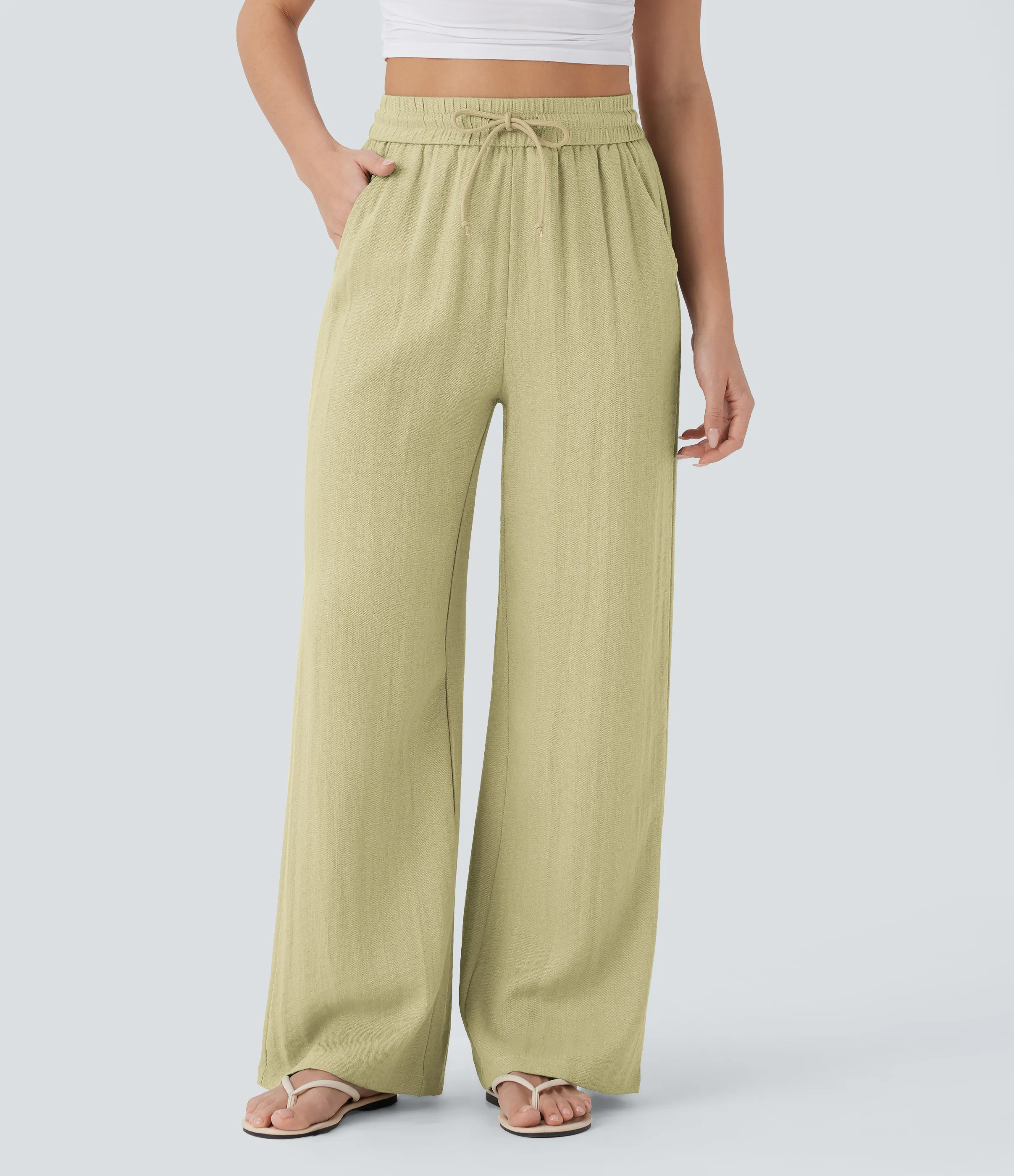Halara Pantalón lino tiro alto cordón ajustable bolsillo lateral pierna ancha - Golden Mist - XL(regular) sold by Halara product image thumbnail 2