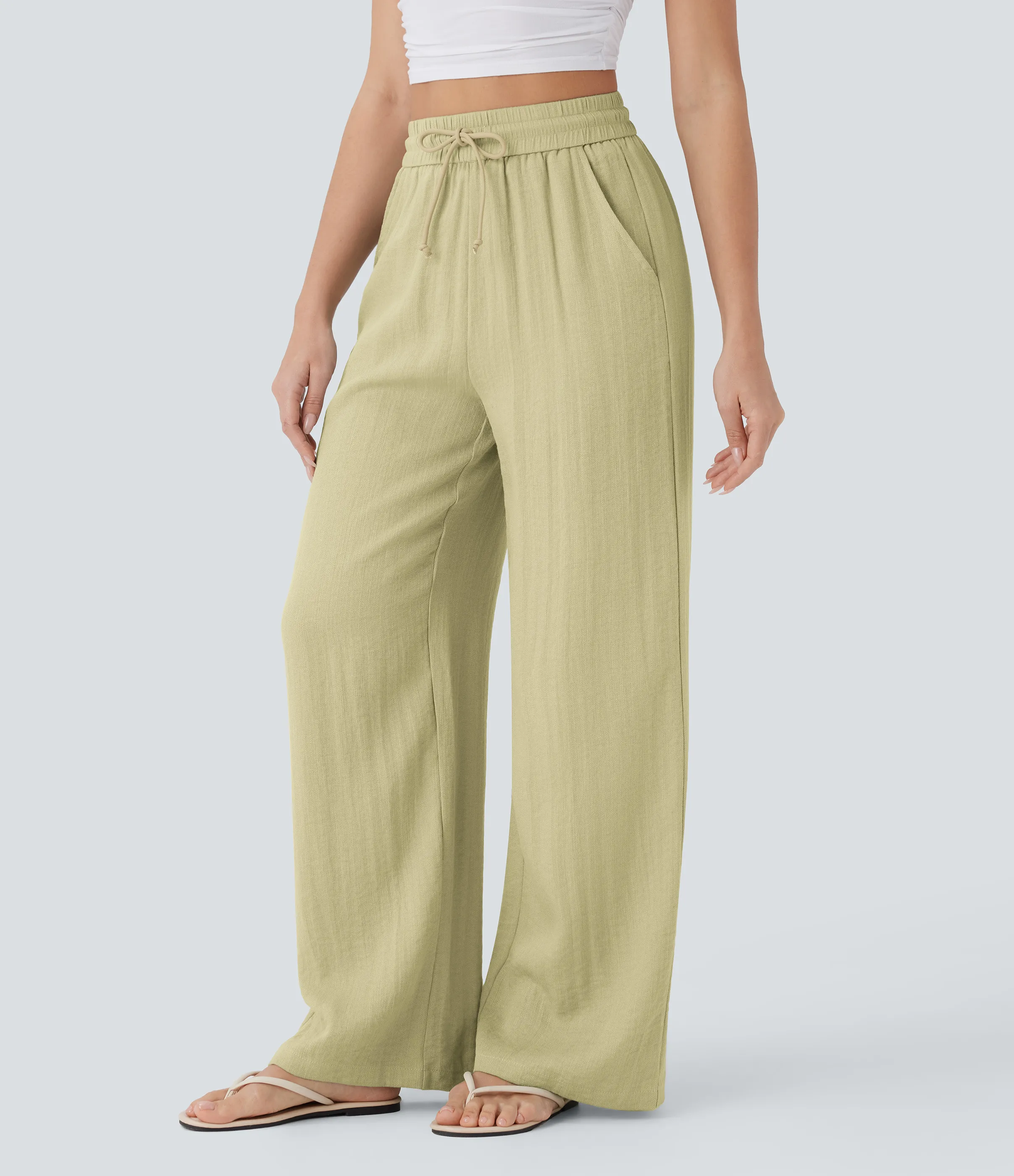 Halara Pantalón lino tiro alto cordón ajustable bolsillo lateral pierna ancha - Golden Mist - XL(regular) sold by Halara product image thumbnail 4