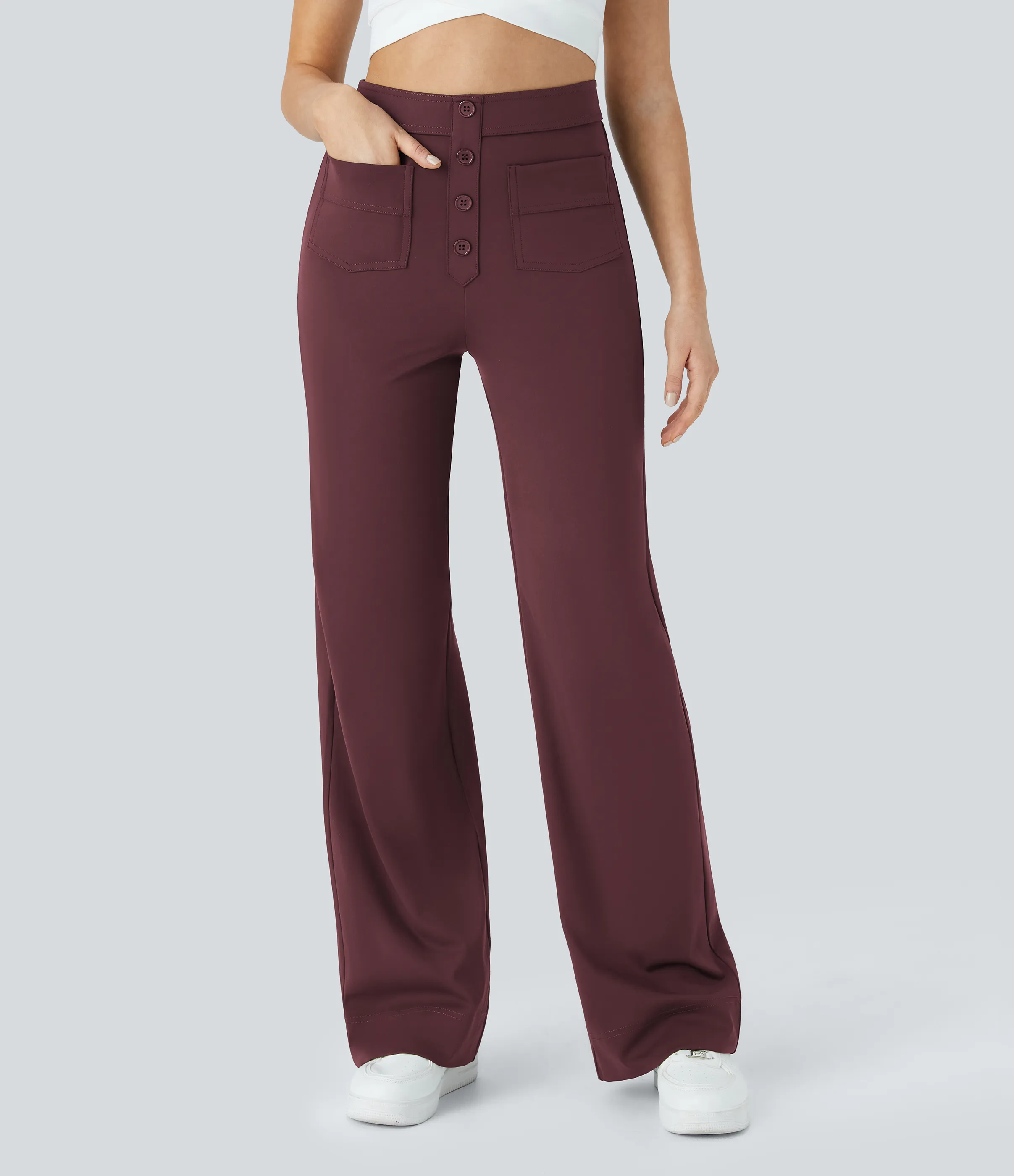 Halara Pantalones pierna recta múltiple bolsillo botón tiro alto - Red Mahogany - L(petite) sold by Halara product image thumbnail 5