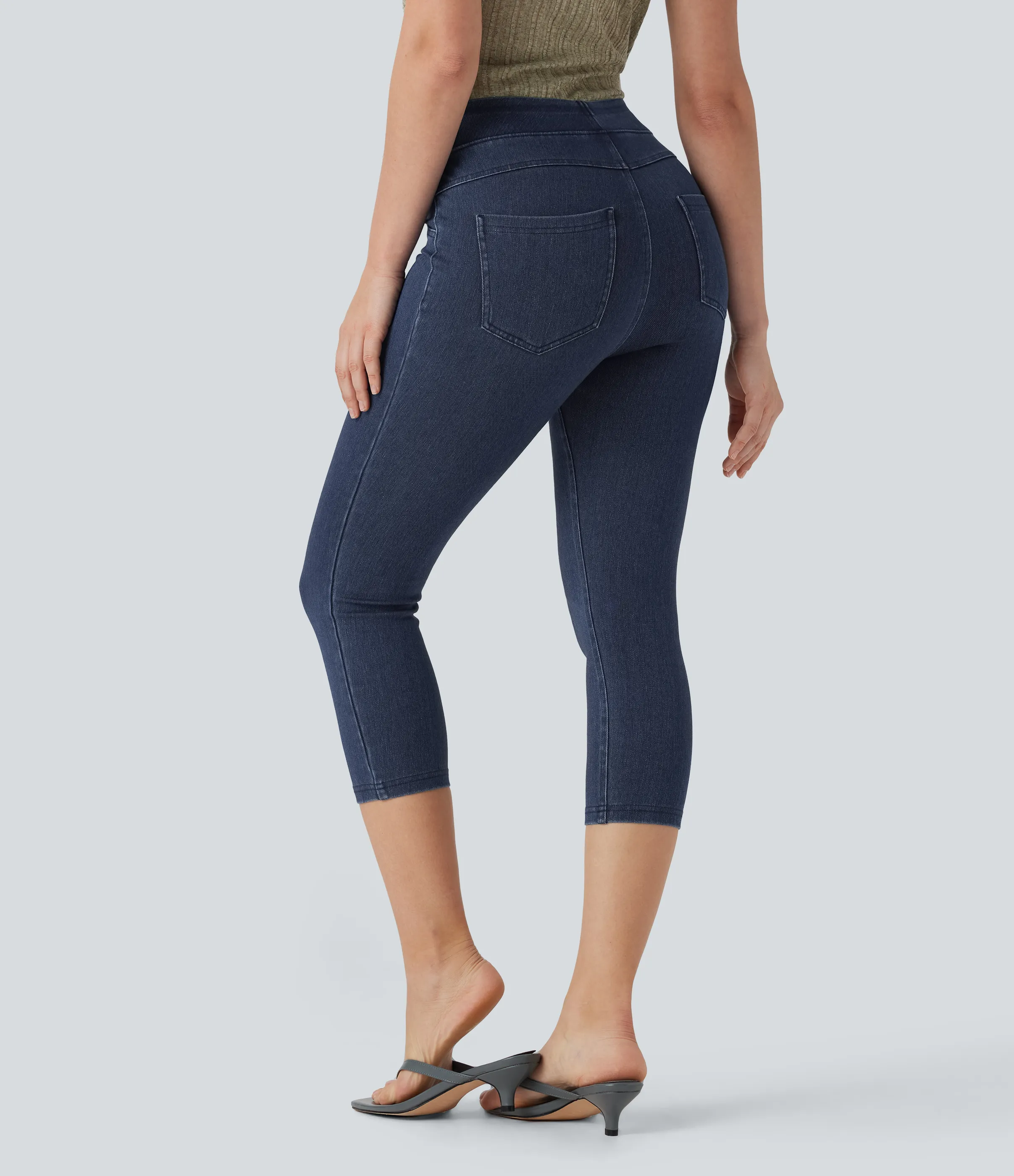 Halara Leggings Halara Flex™ Denim elásticos en longitud capri de tiro alto con bolsillos traseros - Washed Denim Navy Blue - M sold by Halara product image thumbnail 3