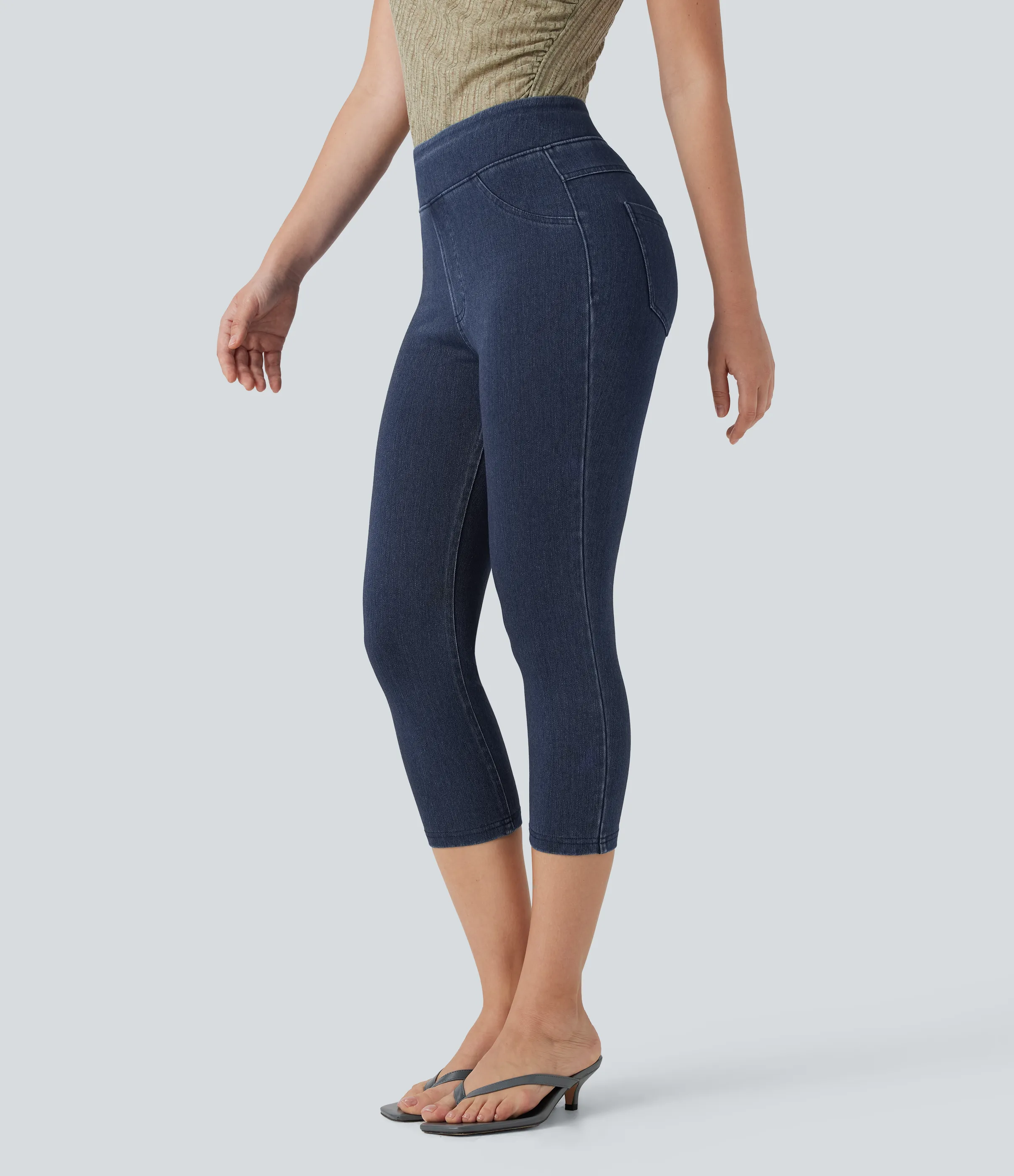 Halara Leggings Halara Flex™ Denim elásticos en longitud capri de tiro alto con bolsillos traseros - Washed Denim Navy Blue - M sold by Halara product image thumbnail 4