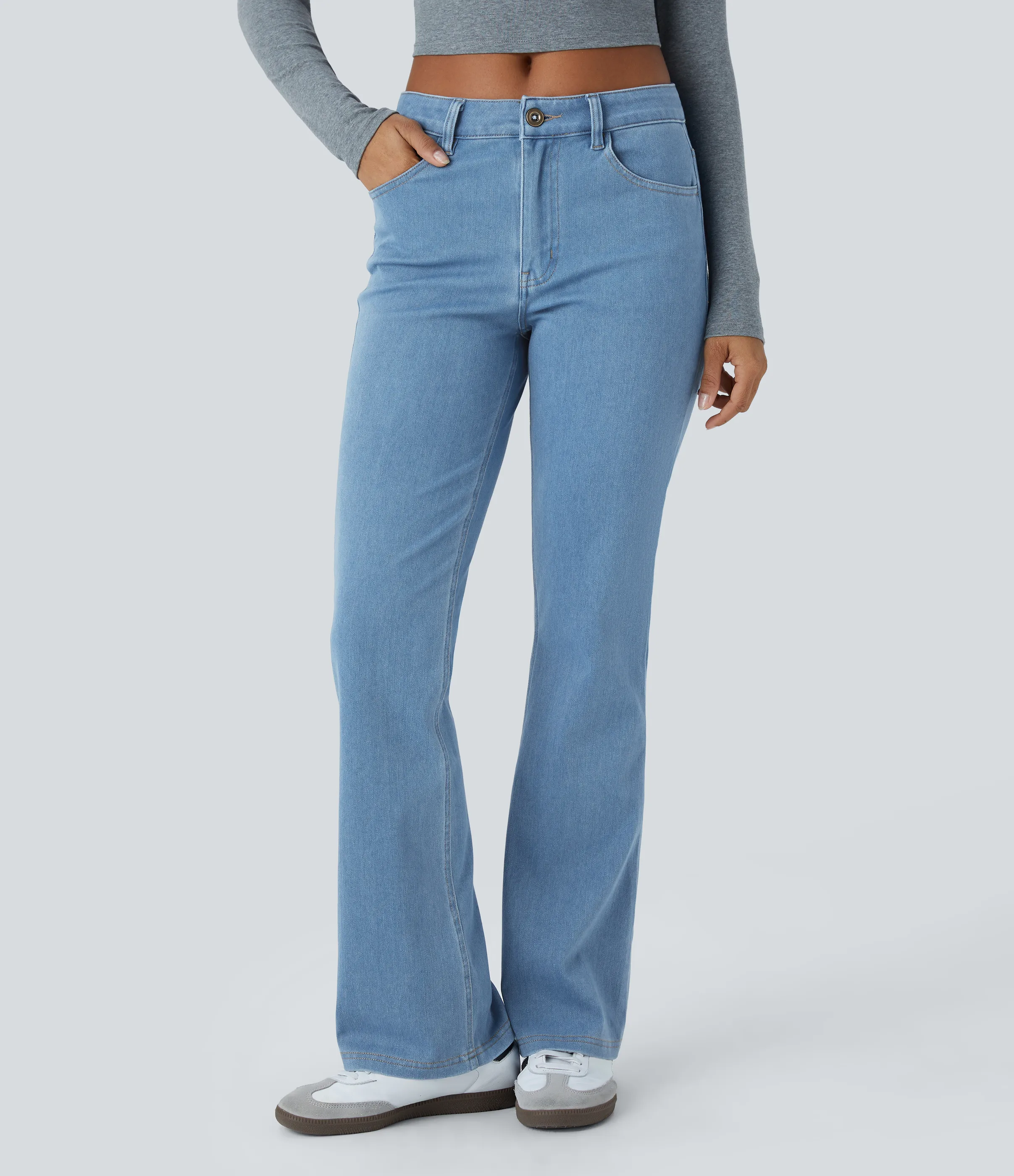 Halara Jeans Halara Flex™ Denim en corte de bota elásticos de tiro medio con botón y bolsillos - Washed Denim Sunny Blue - S(tall) sold by Halara product image thumbnail 2