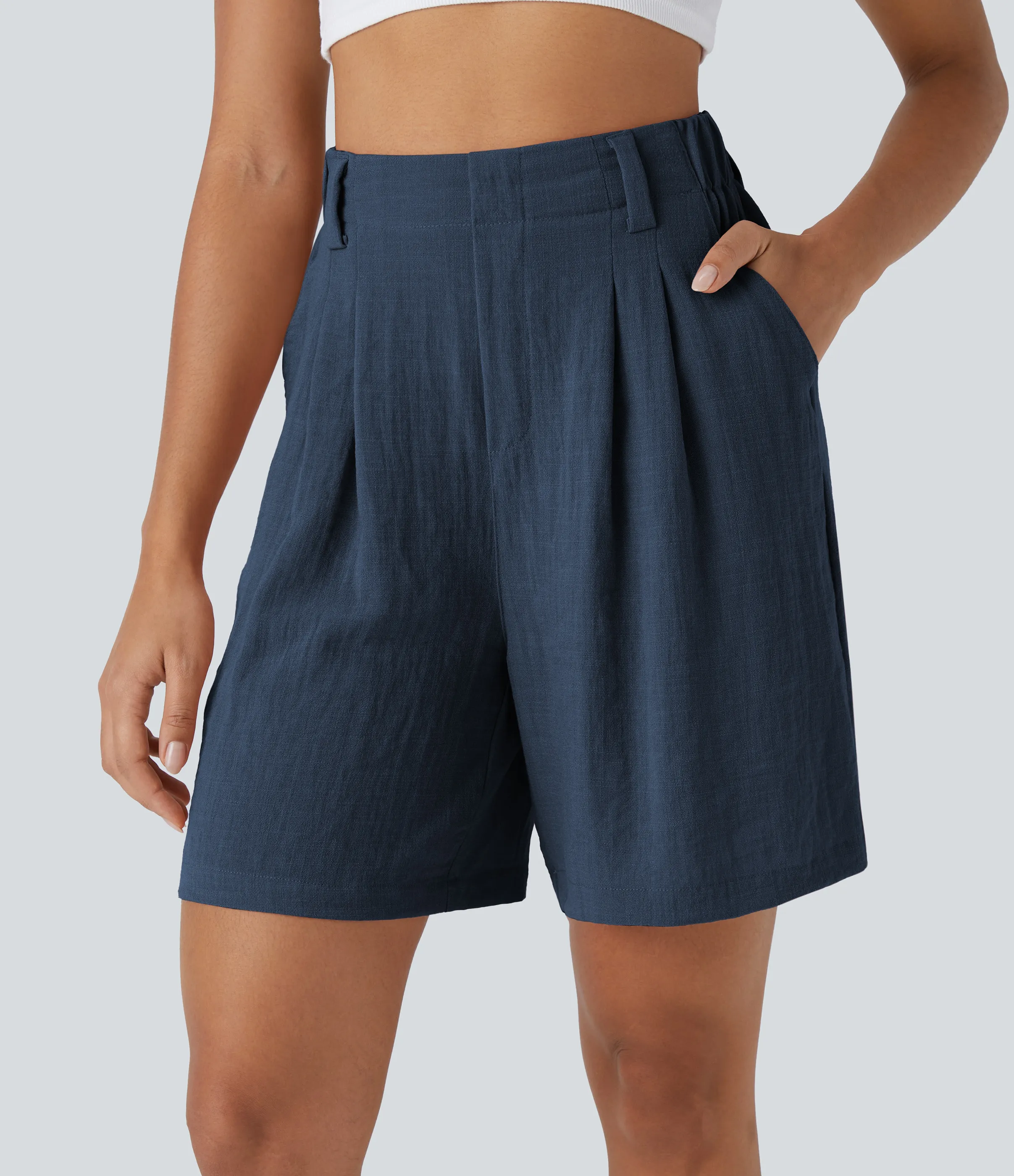 Halara Bermudas casuales anchas con tacto de lino de tiro alto, bolsillo lateral plisado - Deep Secluded Blue - L sold by Halara product image thumbnail 2