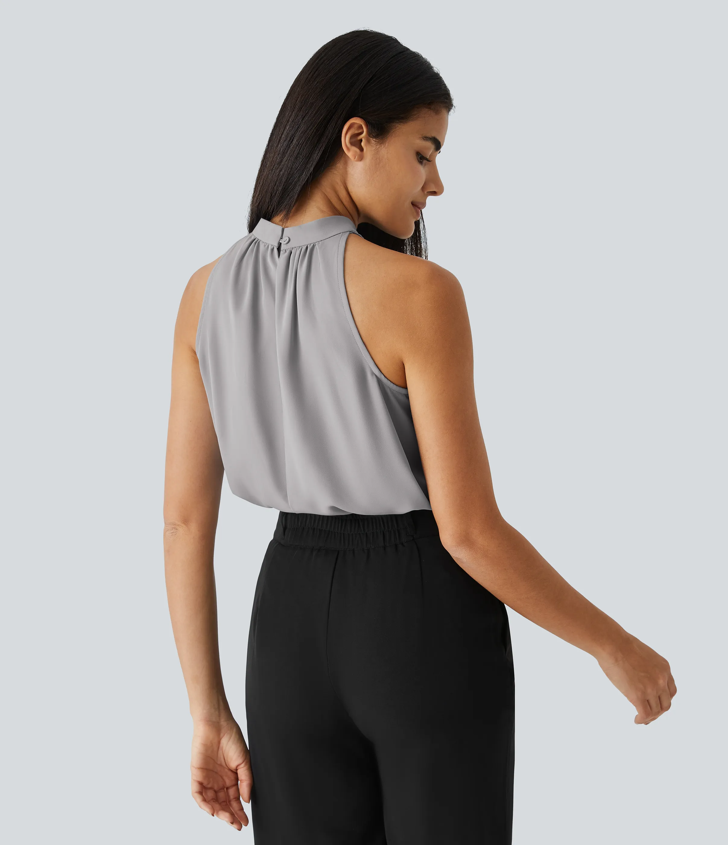 Halara Blusa oficina dobladillo curvado sin manga plisada abertura espalda halter - Sandalwood Grey - L sold by Halara product image thumbnail 3