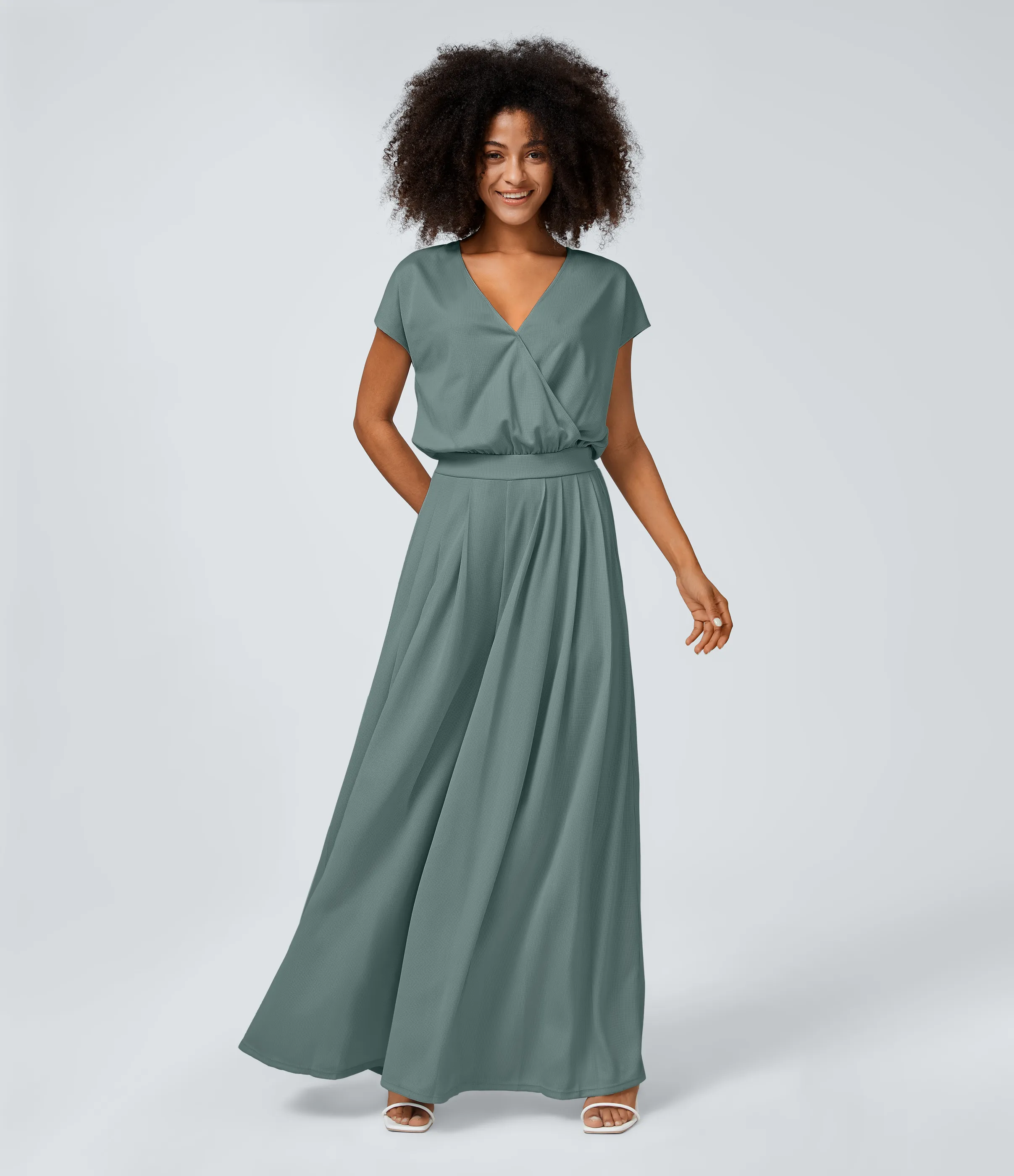 Halara Mono cuello V manga corta bolsillo lateral plisado pierna ancha - Bronze Stone Green - L(tall) sold by Halara product image thumbnail 2