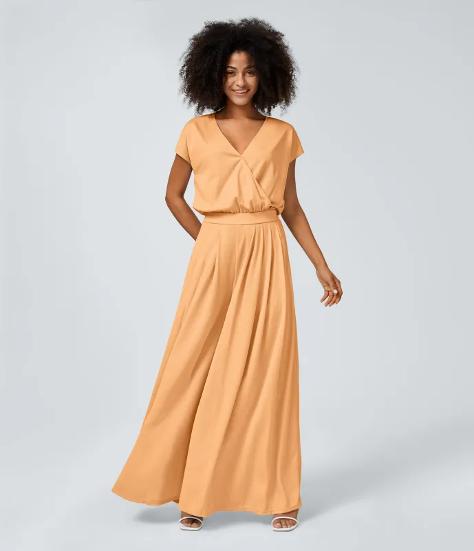 Halara Mono cuello V manga corta bolsillo lateral plisado pierna ancha - Apricot Cream - L(regular) sold by Halara