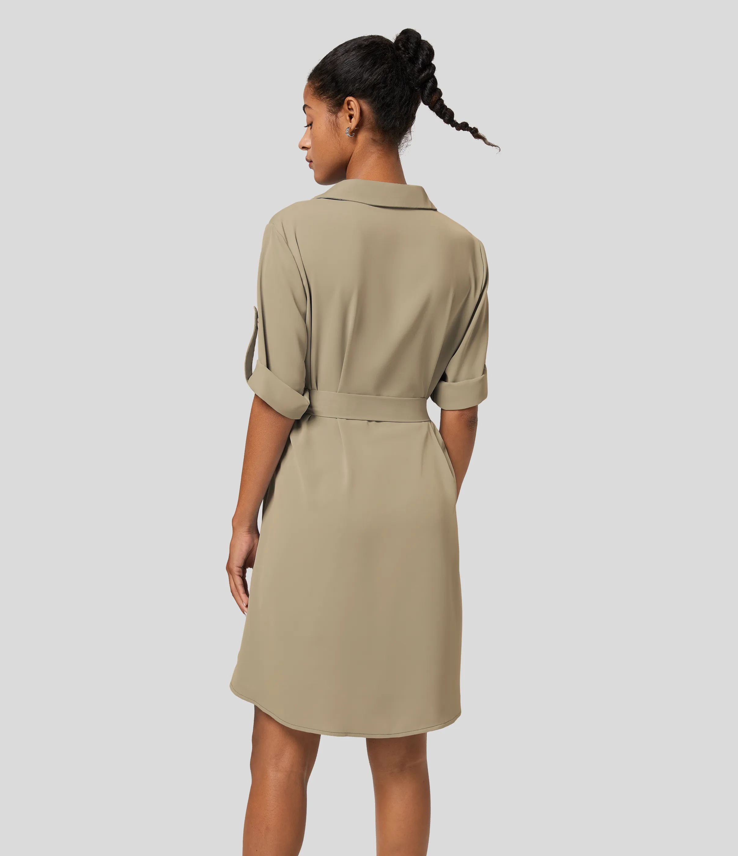 Halara Vestido camisero oficina midi cinturón manga enrollada cuello - Pale Khaki - XS sold by Halara product image thumbnail 3