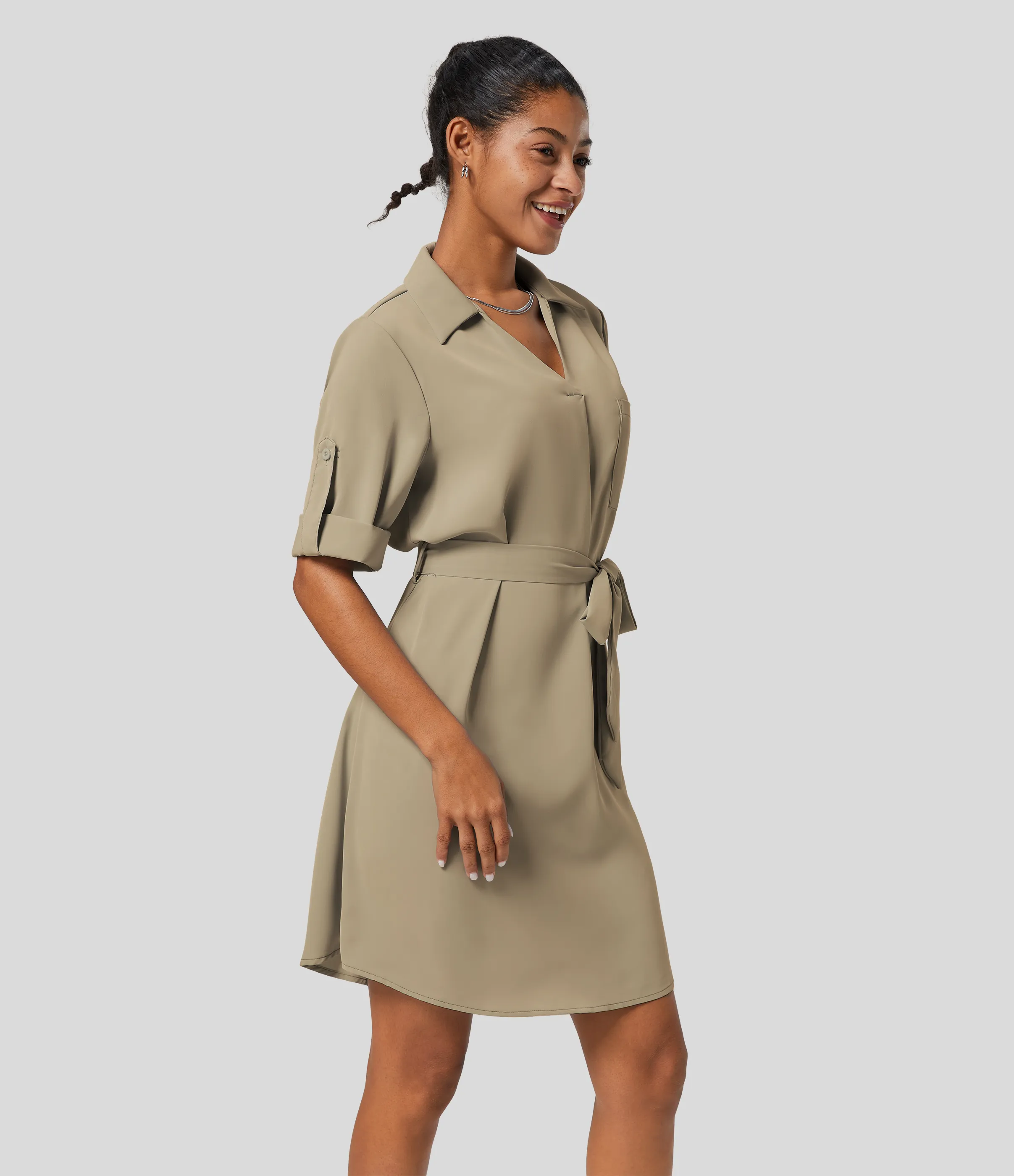 Halara Vestido camisero oficina midi cinturón manga enrollada cuello - Pale Khaki - XS sold by Halara product image thumbnail 4