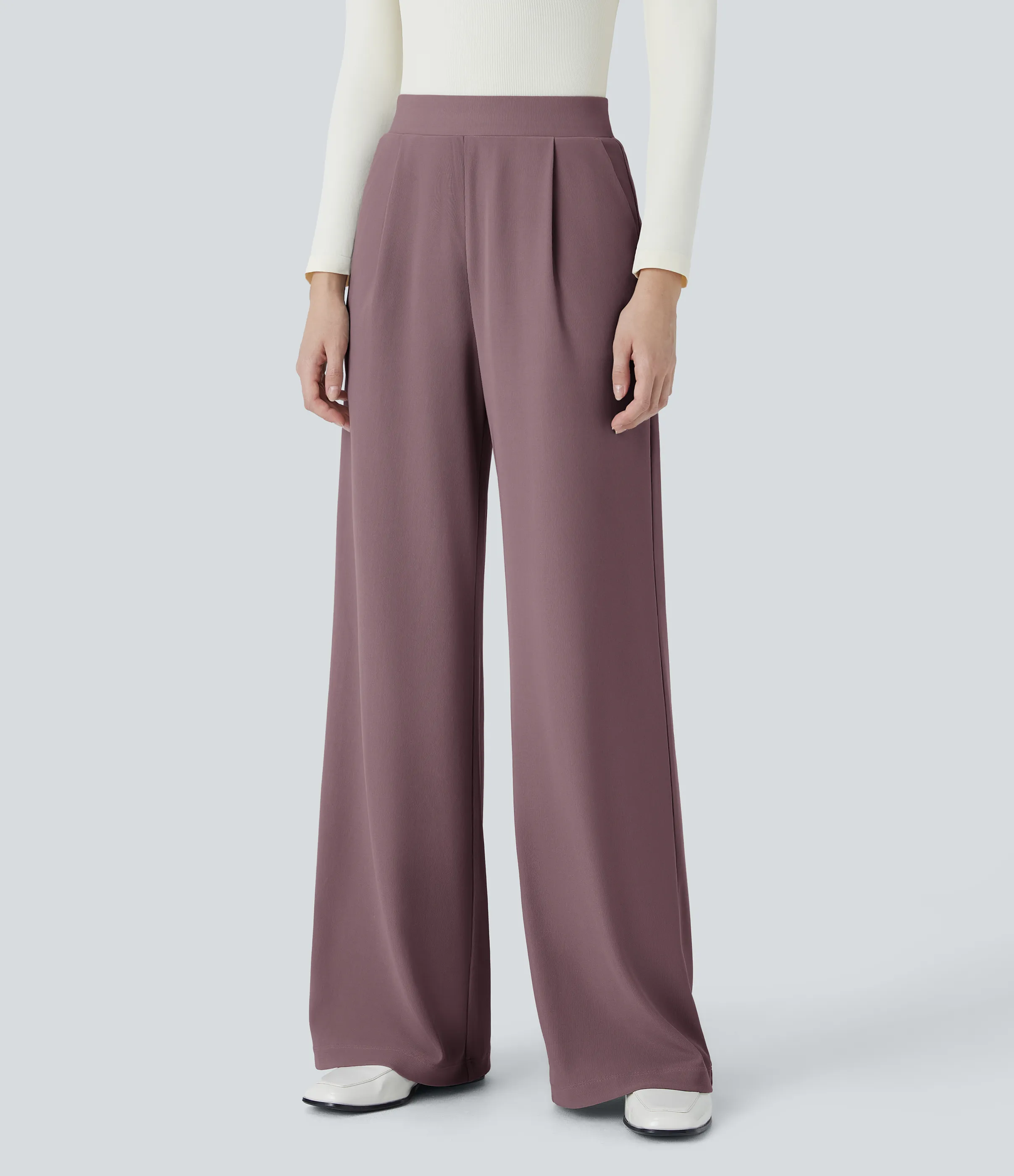 Halara Pantalón Halara Flex™ oficina tiro alto control abdomen adelgazan tiro bolsillo lateral pierna ancha micro gofre - Dark Plum - S(petite) sold by Halara product image thumbnail 2