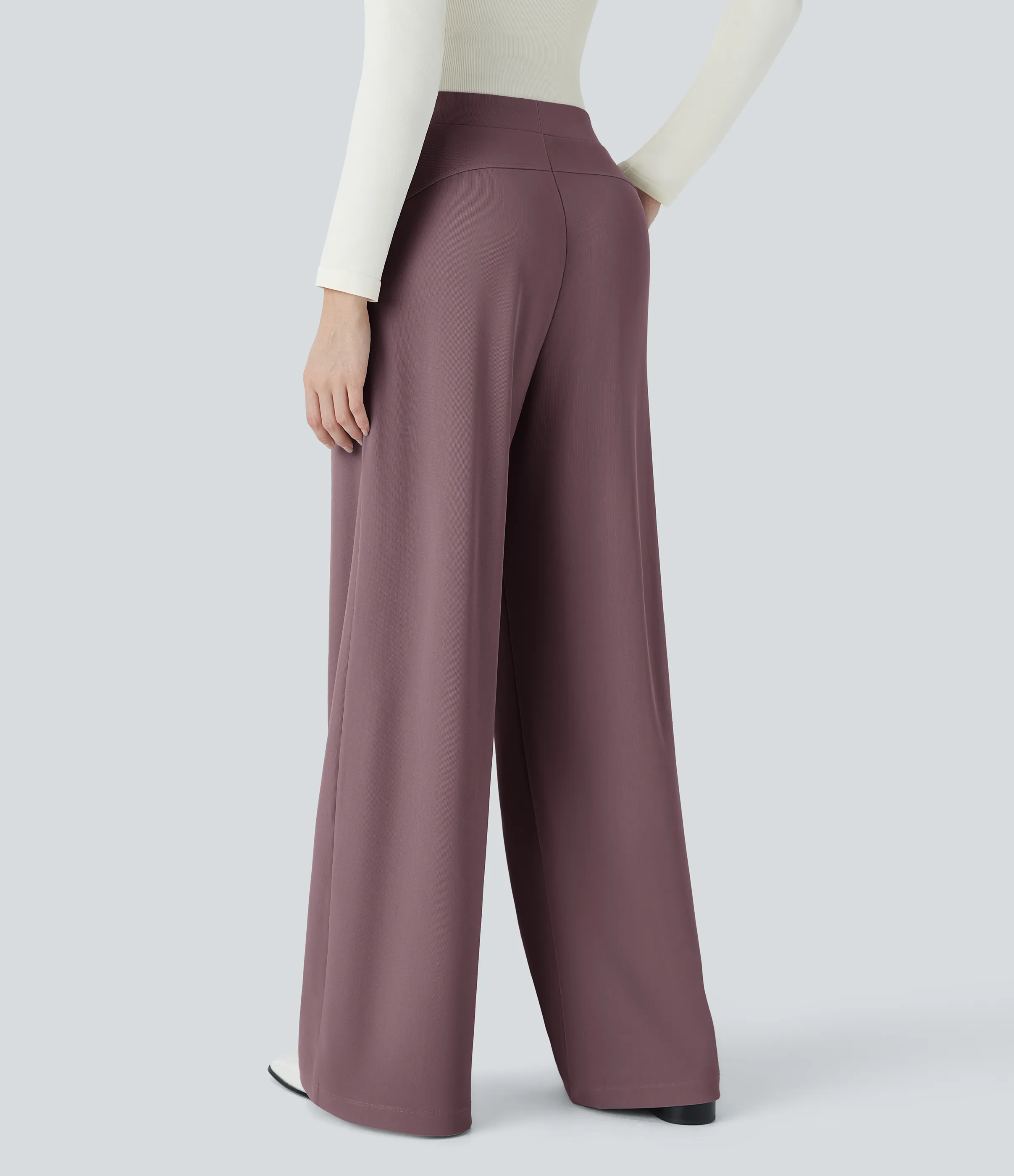 Halara Pantalón Halara Flex™ oficina tiro alto control abdomen adelgazan tiro bolsillo lateral pierna ancha micro gofre - Dark Plum - S(petite) sold by Halara product image thumbnail 3