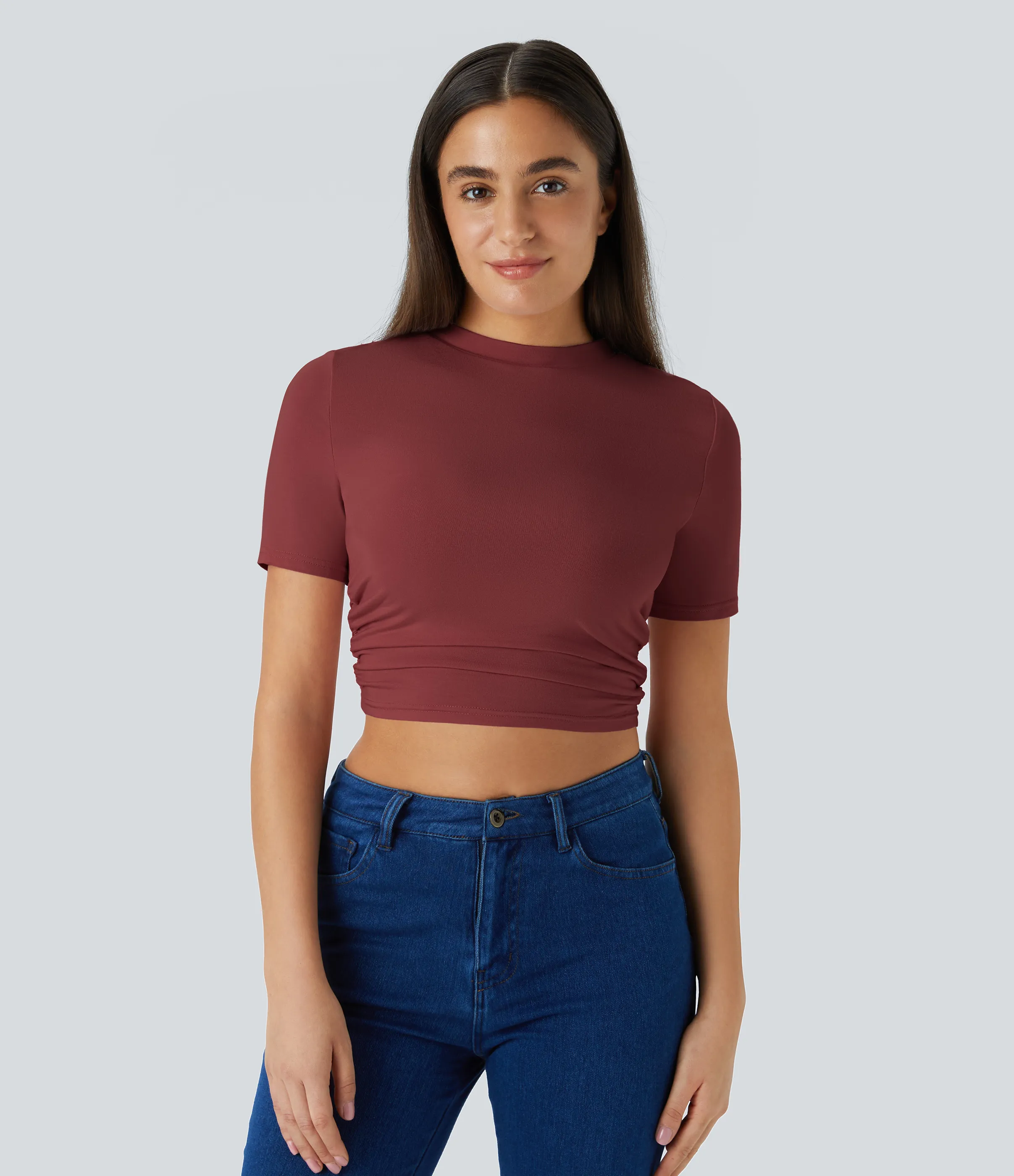 Halara Camiseta recortada ajustada pliegue manga corta cuello redondo - New Maroon - L sold by Halara