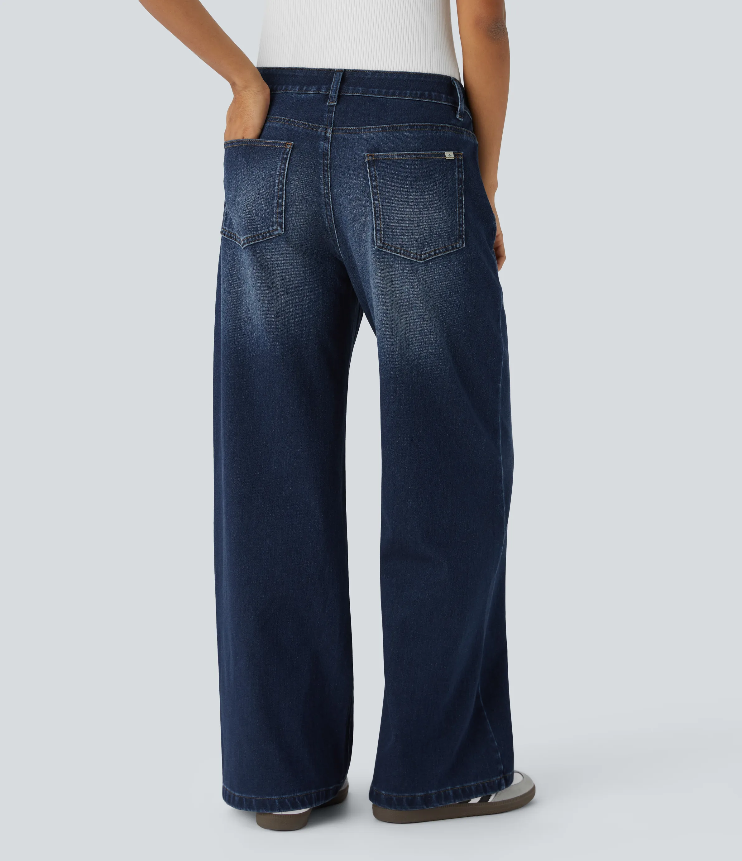 Halara Jeans Baggy Halara Flex™ Denim tiro bajo botón cremallera múltiple bolsillo elástico lavado holgado pierna ancha - Distressed Denim Dark Blue - M(tall) sold by Halara product image thumbnail 3