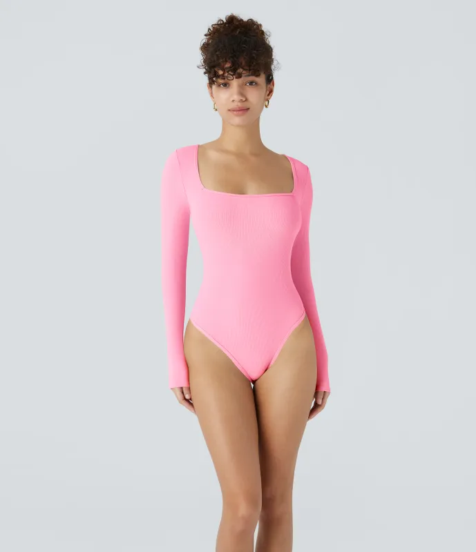 Halara Body oficina ajustado botón manga larga cuello cuadrado acanalado - Coral Pink - L sold by Halara