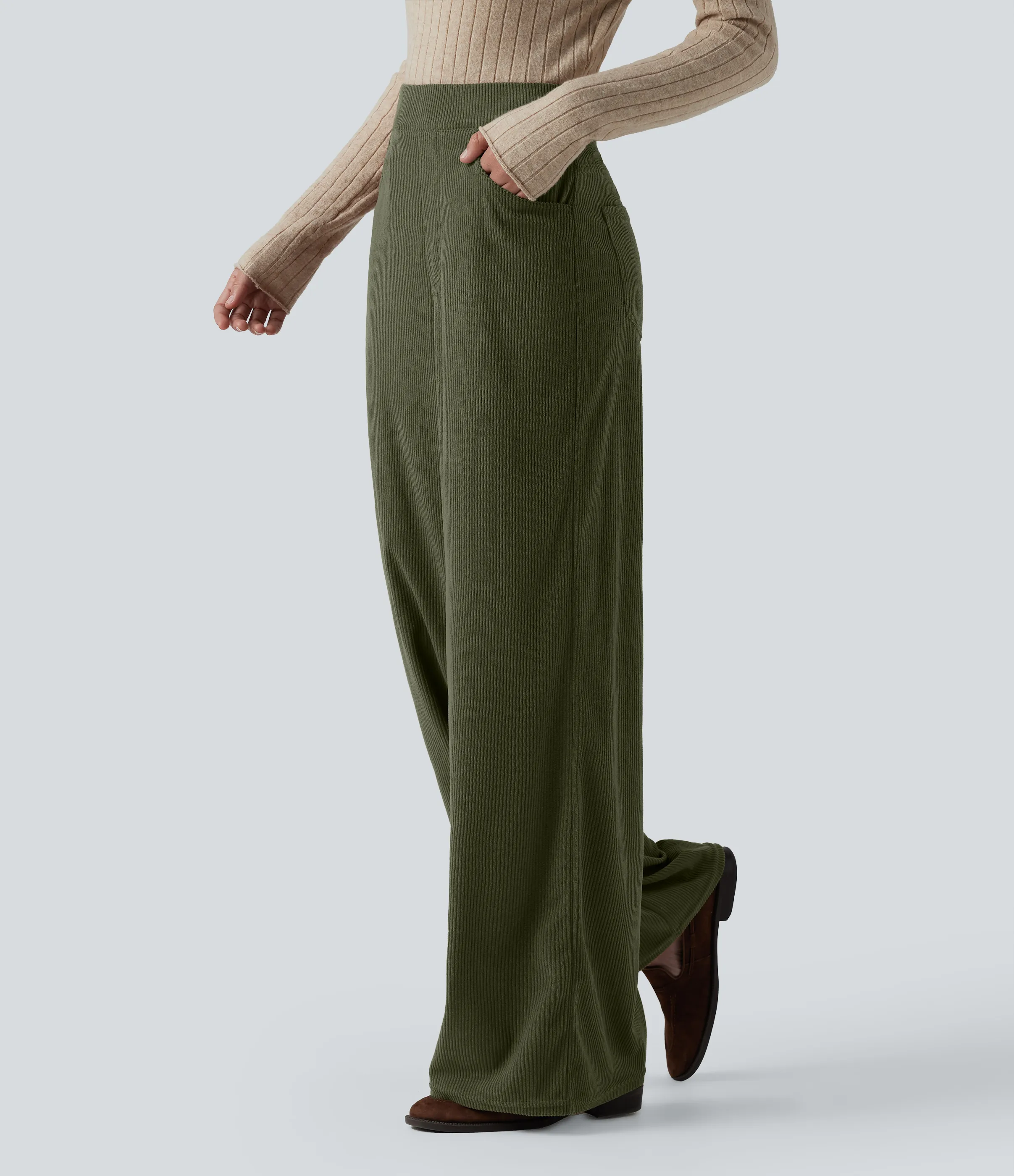 Halara Pantalón oficina pana tiro alto cremallera invisible múltiple bolsillo pierna ancha - Hazel Mist Green - XS(regular) sold by Halara product image thumbnail 2