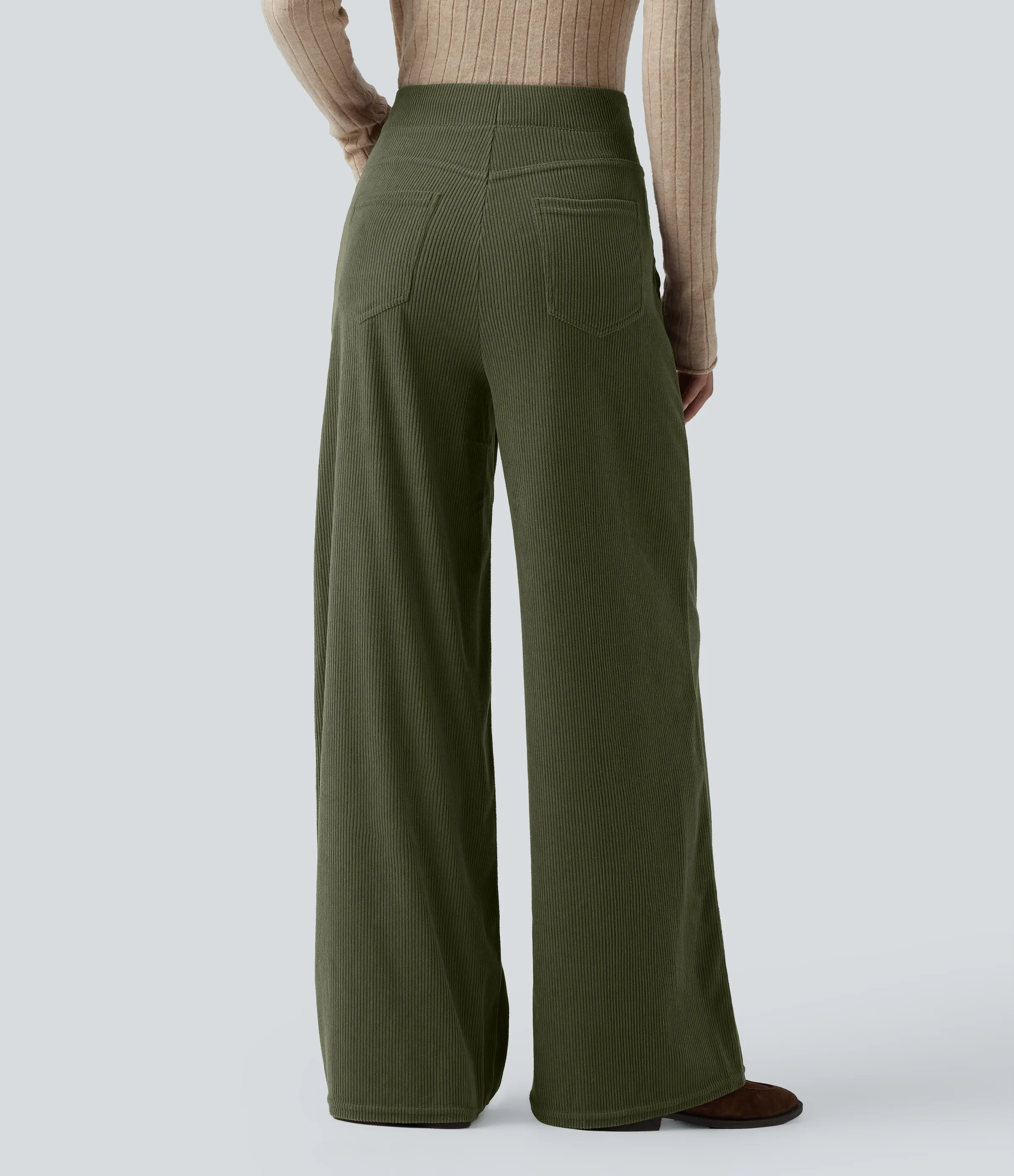 Halara Pantalón oficina pana tiro alto cremallera invisible múltiple bolsillo pierna ancha - Hazel Mist Green - XS(regular) sold by Halara product image thumbnail 3