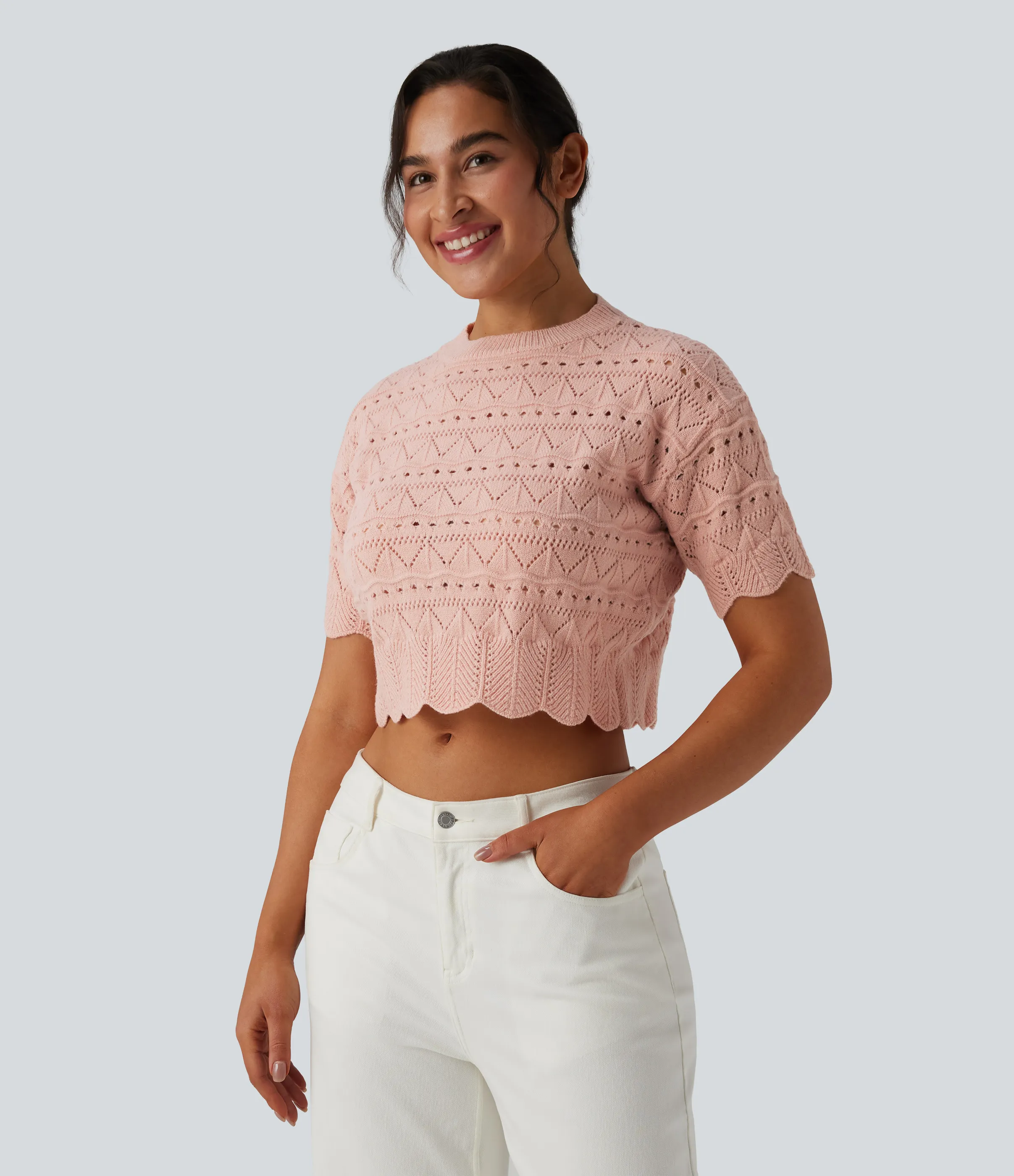 Halara Suéter abierto dobladillo festoneado manga corta cuello redondo - Silver Peony - XL sold by Halara product image thumbnail 4