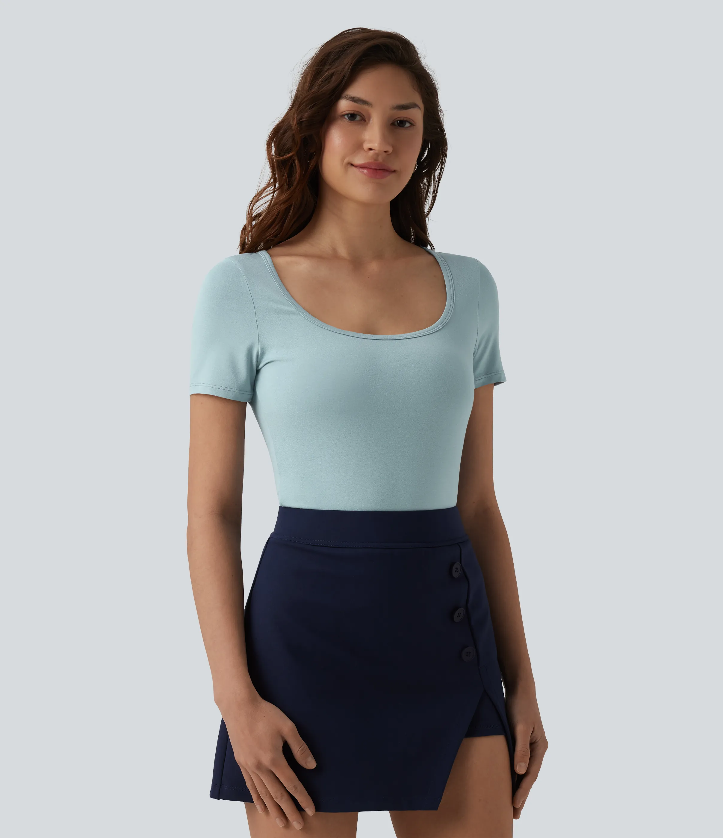 Halara Body oficina ajustado botón presión manga corta cuello U - Sterling Blue - XL sold by Halara product image thumbnail 2