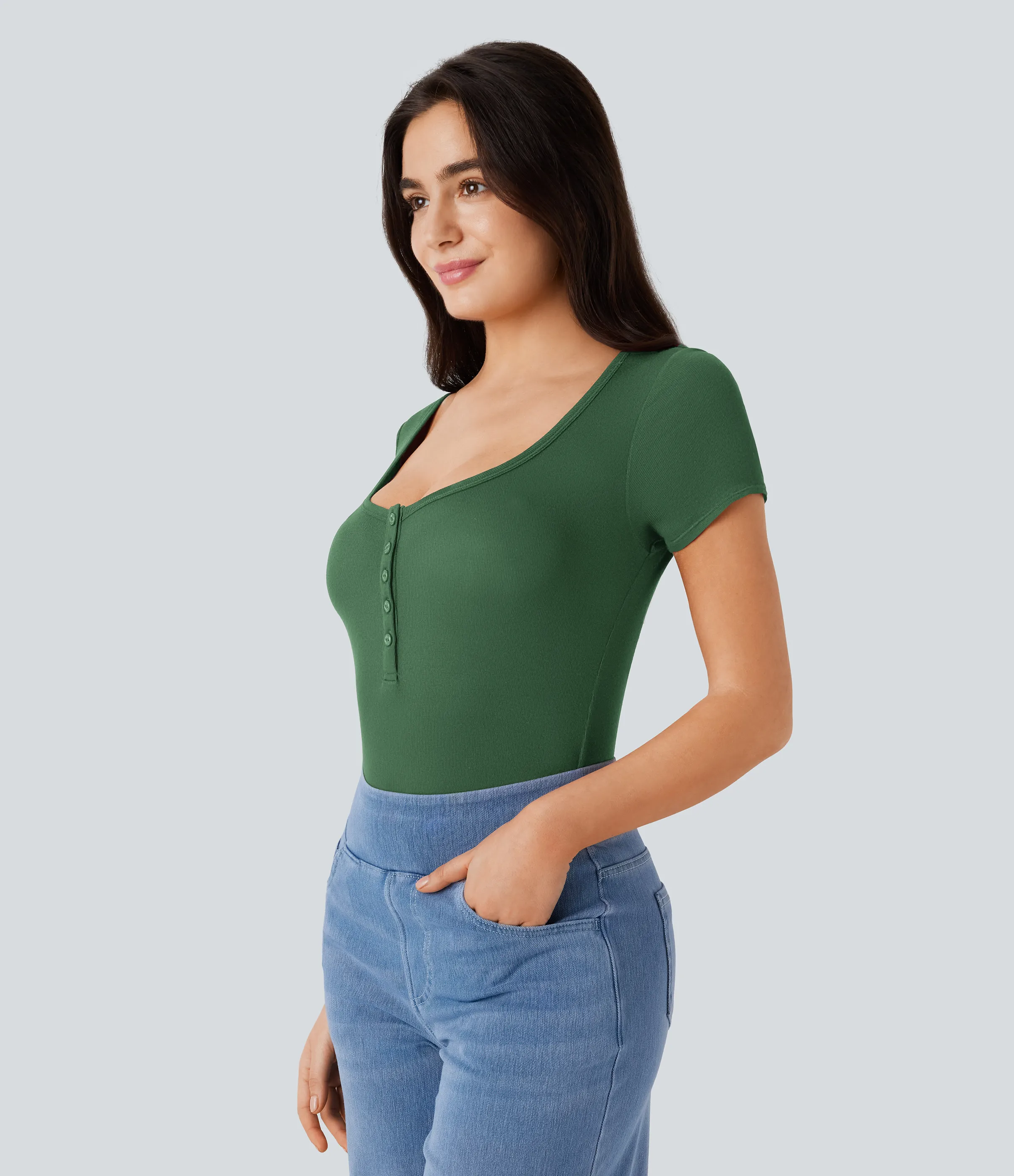 Halara Top ajustado manga corta cuello Henley acanalado - Dark Verdant Green - S sold by Halara product image thumbnail 4