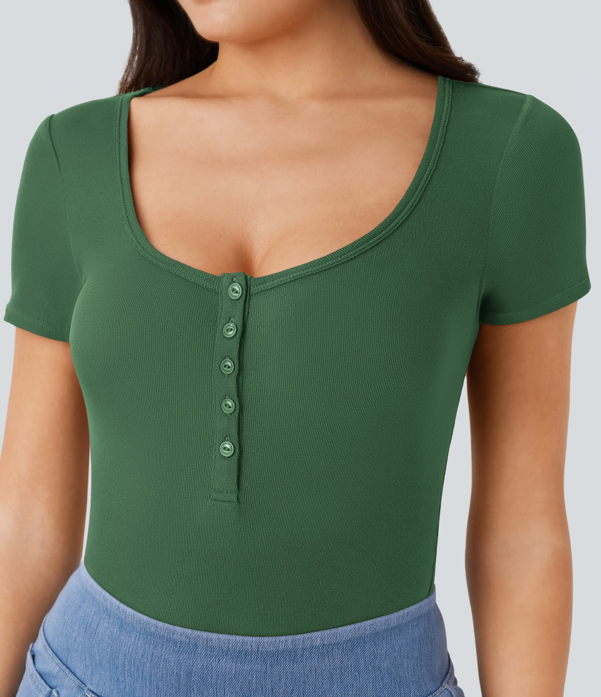 Halara Top ajustado manga corta cuello Henley acanalado - Dark Verdant Green - S sold by Halara product image thumbnail 5