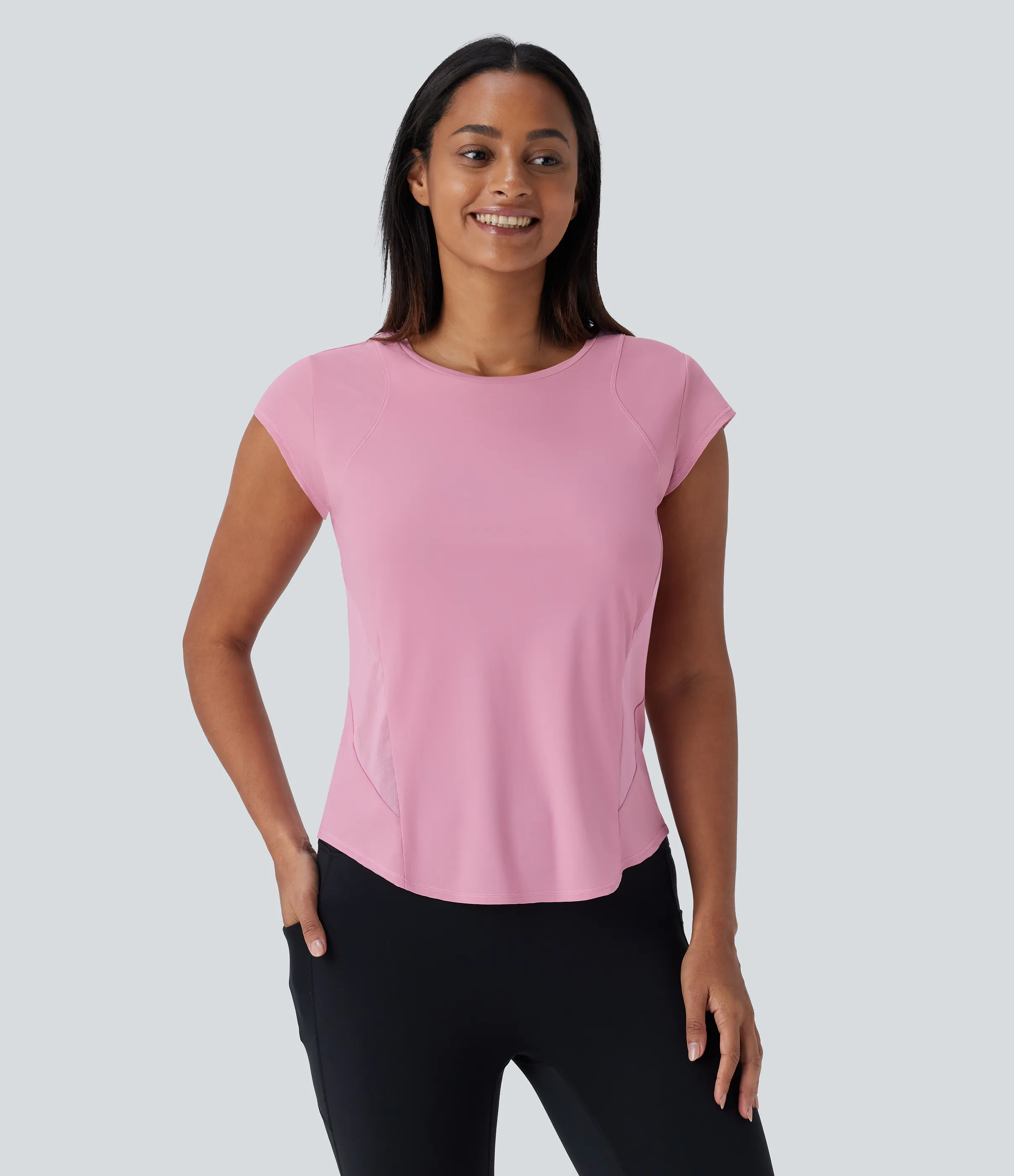 Halara Camiseta deportiva correr secado rápido cuello redondo manga corta dobladillo curvo malla contrastante tacto fresco - Soft Berry - XS sold by Halara