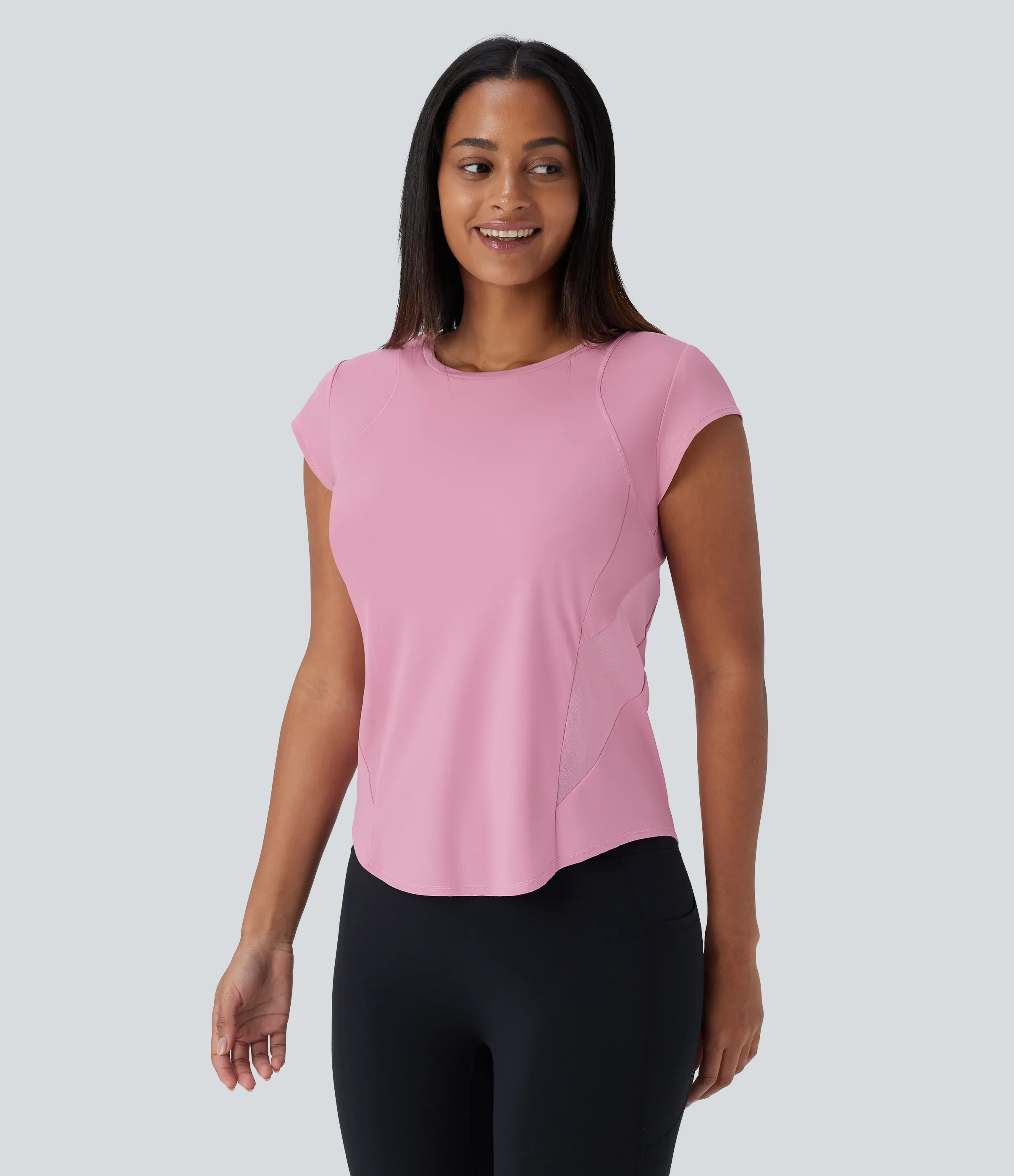 Halara Camiseta deportiva correr secado rápido cuello redondo manga corta dobladillo curvo malla contrastante tacto fresco - Soft Berry - XS sold by Halara product image thumbnail 4