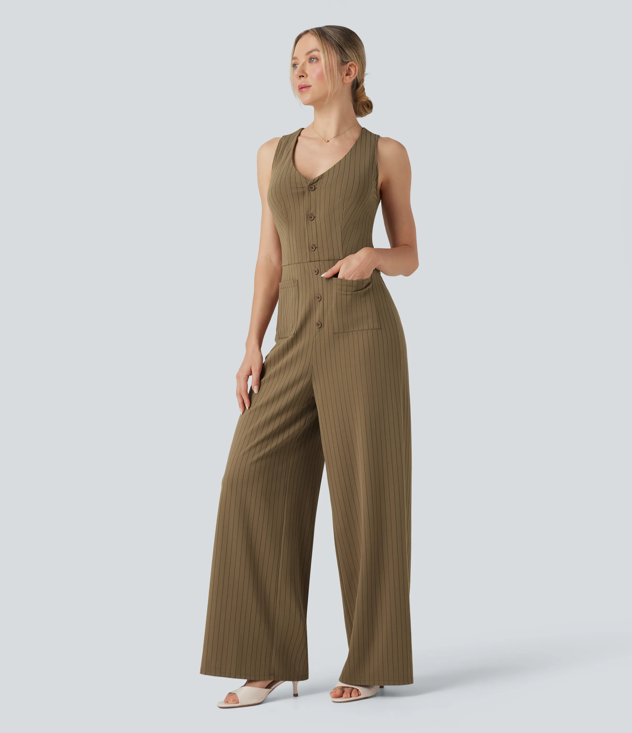 Halara Mono oficina cuello V sin mangas bolsillo delantero recortado pierna ancha rayas tacto fresco - Brown Pinstripe - L(regular) sold by Halara product image thumbnail 4