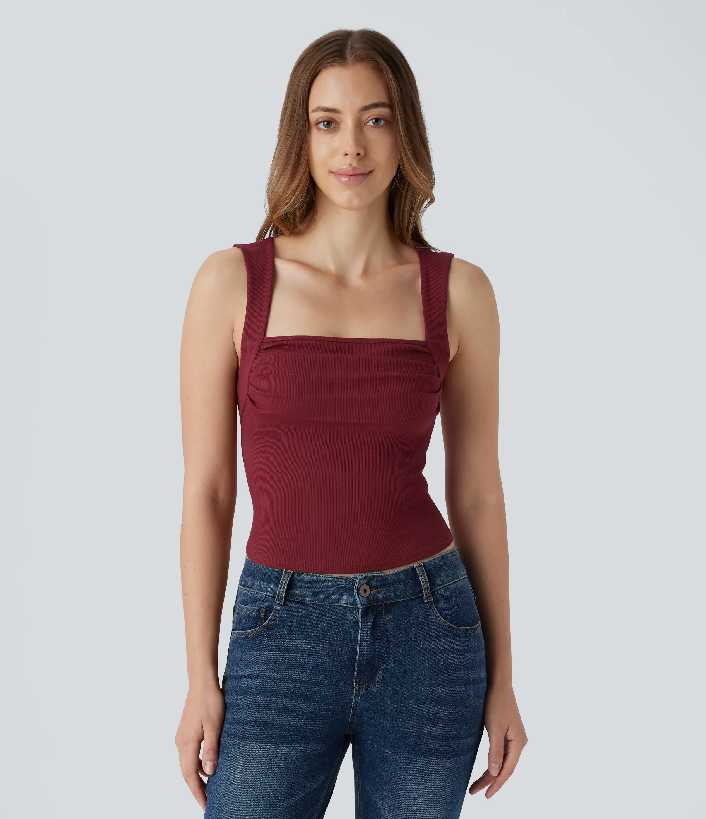 Halara Camiseta sin mangas ajustada 2 en 1 cuello cuadrado fruncido acanalado - Zinfandel - Wine Red - XL sold by Halara product image thumbnail 2