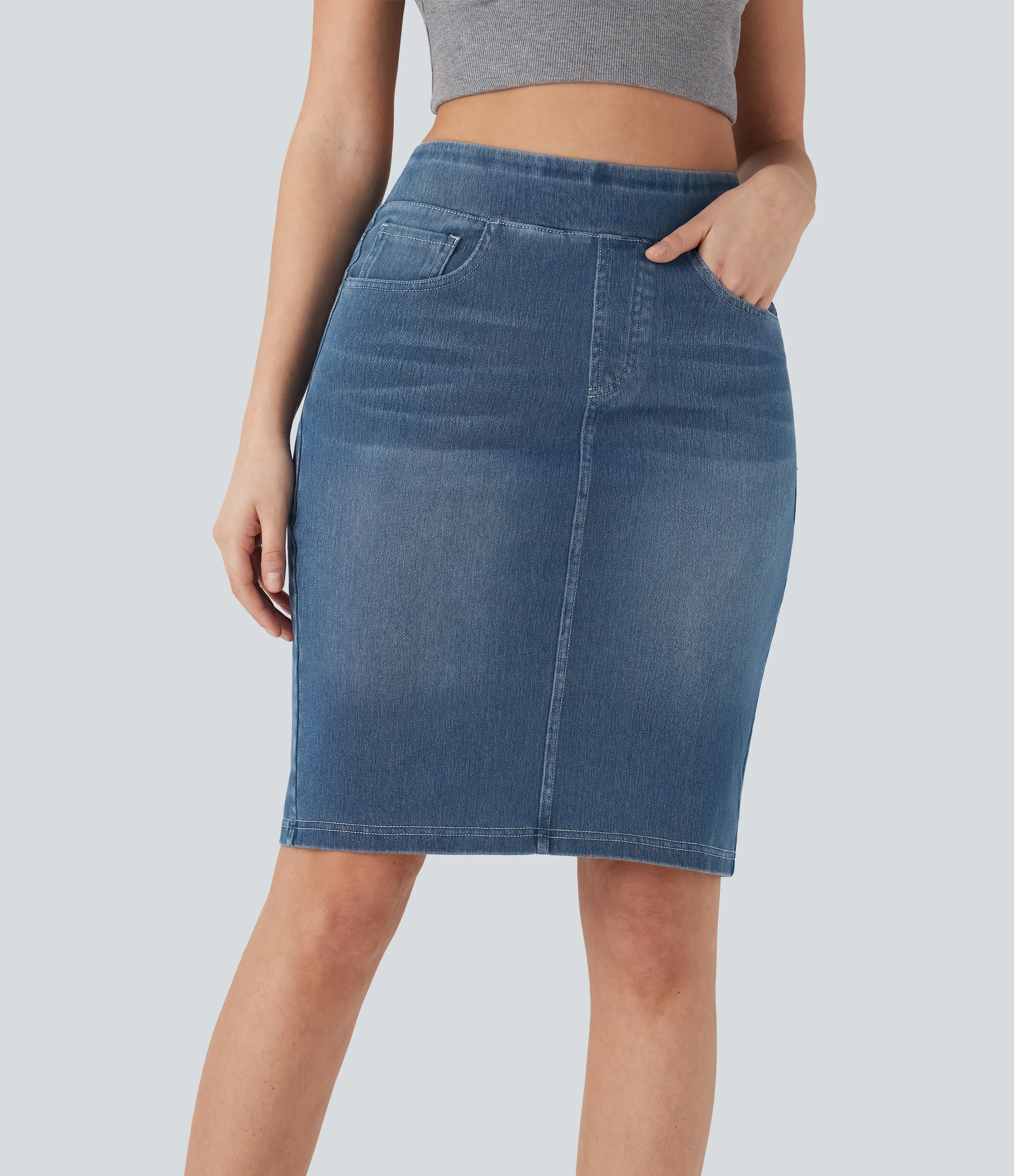 Halara Falda Halara Flex™ Denim mezclilla elástico lavada dividida múltiple bolsillo tiro alto - Frost Blue Denim - L(regular) sold by Halara