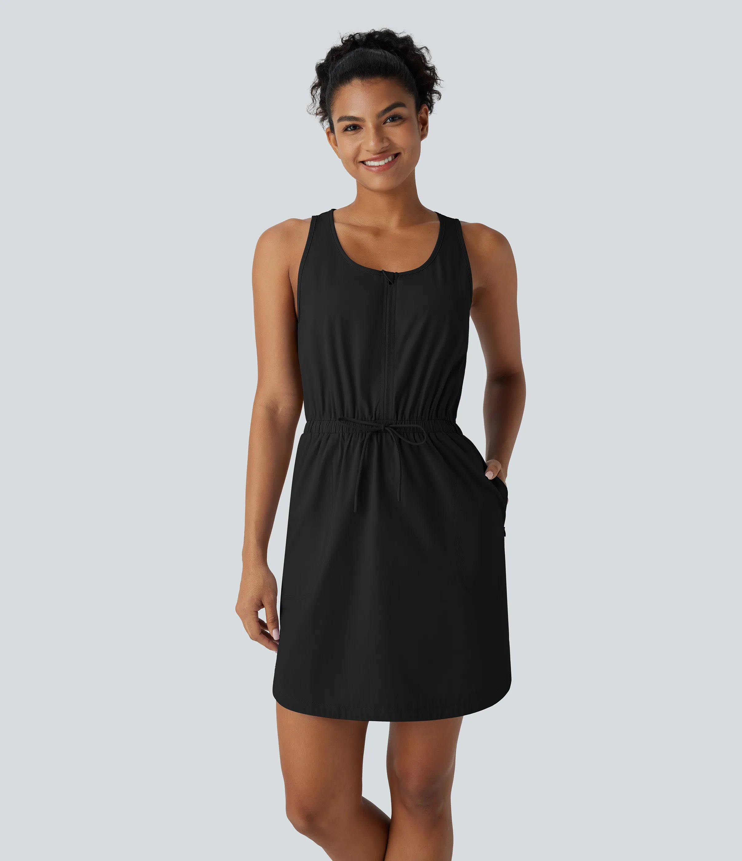 Halara Vestido corto deportivo senderismo resistente agua cuello U sin mangas media cremallera cordón ajustable bolsillo lateral dobladillo curvo - Black - S sold by Halara