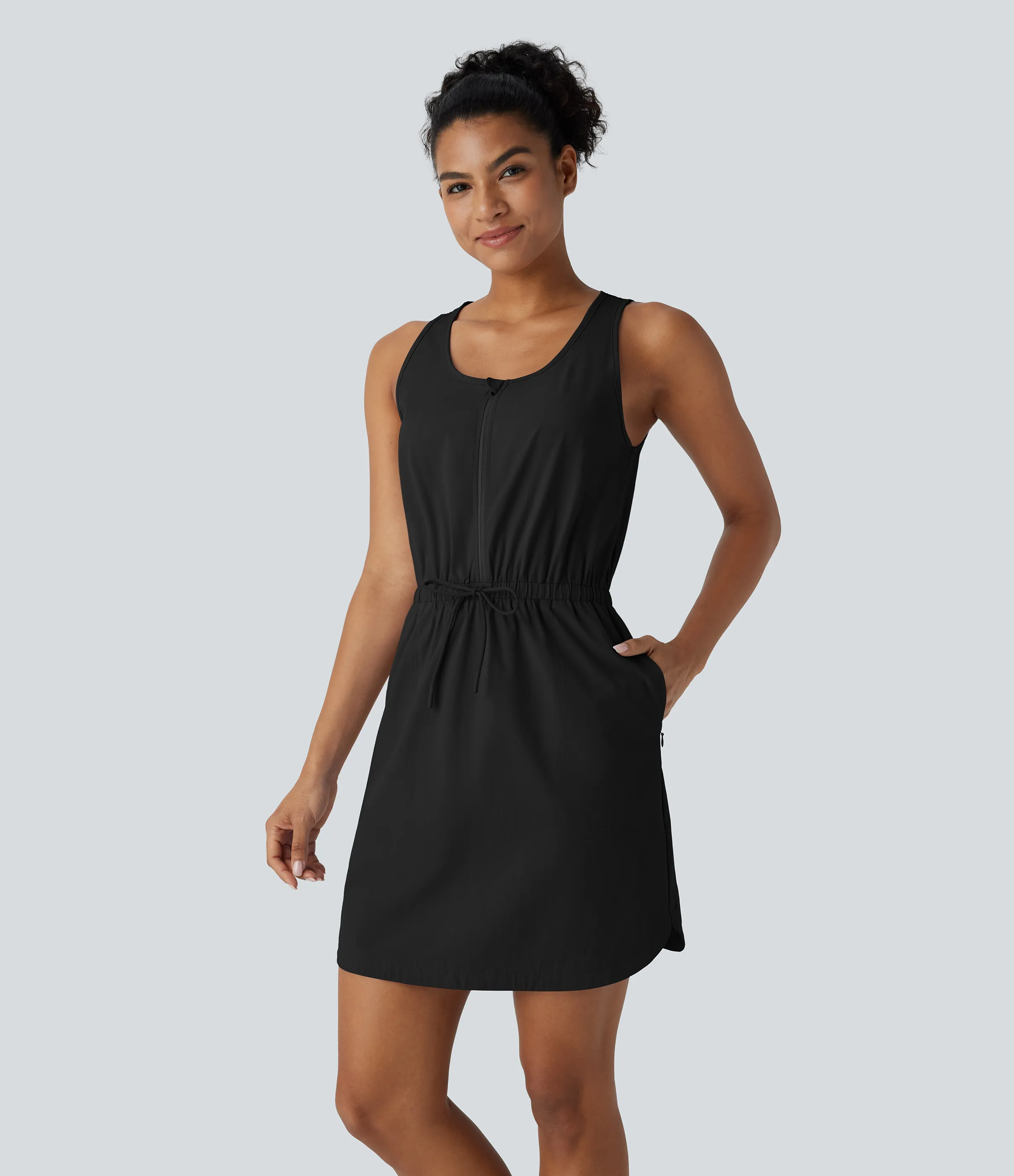 Halara Vestido corto deportivo senderismo resistente agua cuello U sin mangas media cremallera cordón ajustable bolsillo lateral dobladillo curvo - Black - S sold by Halara product image thumbnail 4