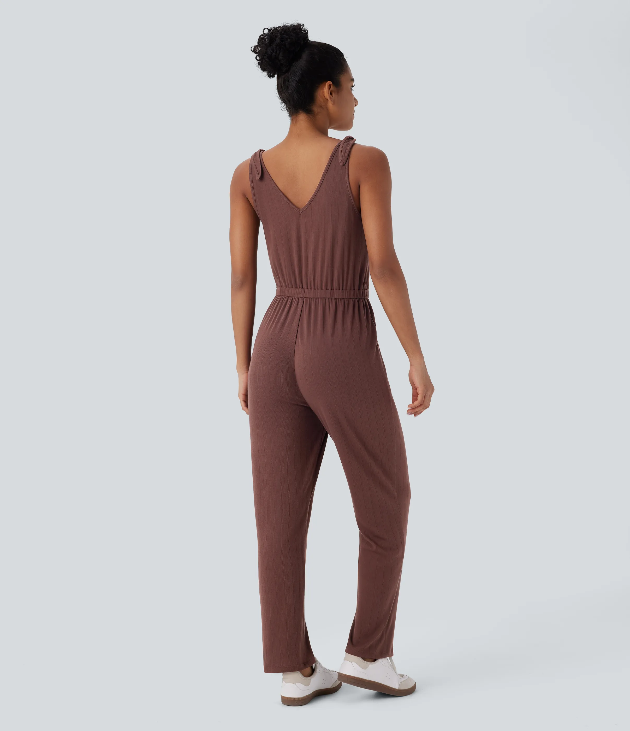 Halara Mono sin mangas cuello V bolsillo lateral nudo acanalado - Chocolate Fondant - S(regular) sold by Halara product image thumbnail 3