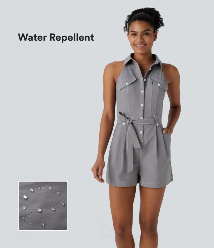 Halara Mono repelente agua cuello sin mangas cinturón botón bolsillo lateral - Steel Gray - XL sold by Halara