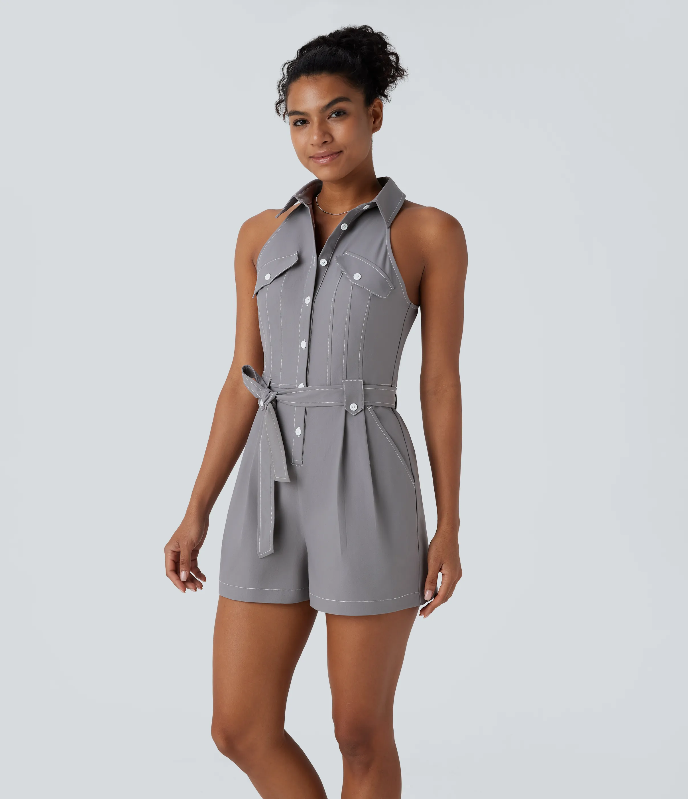 Halara Mono repelente agua cuello sin mangas cinturón botón bolsillo lateral - Steel Gray - XL sold by Halara product image thumbnail 4