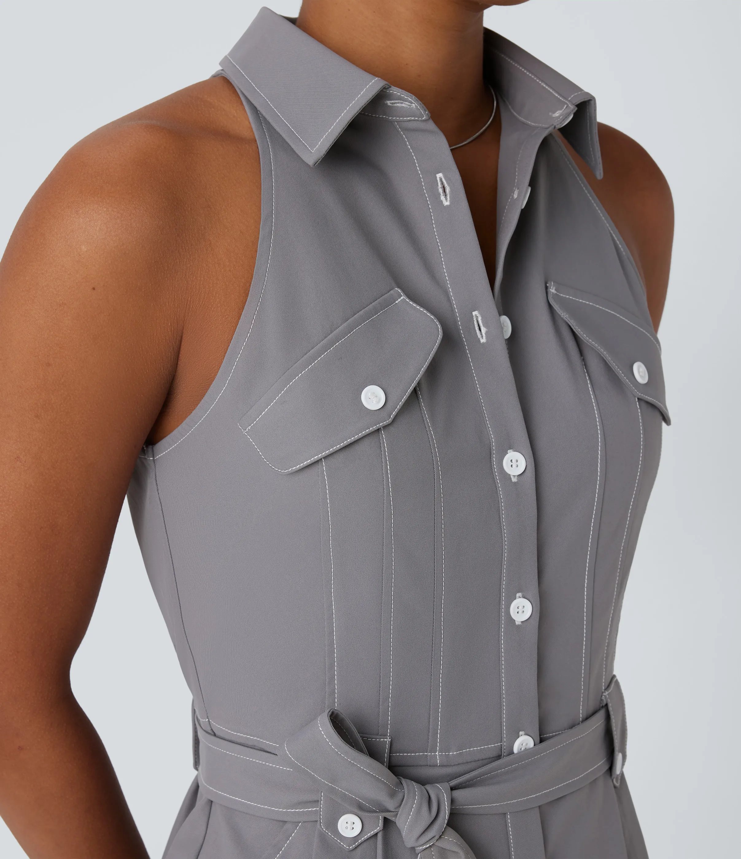 Halara Mono repelente agua cuello sin mangas cinturón botón bolsillo lateral - Steel Gray - XL sold by Halara product image thumbnail 5