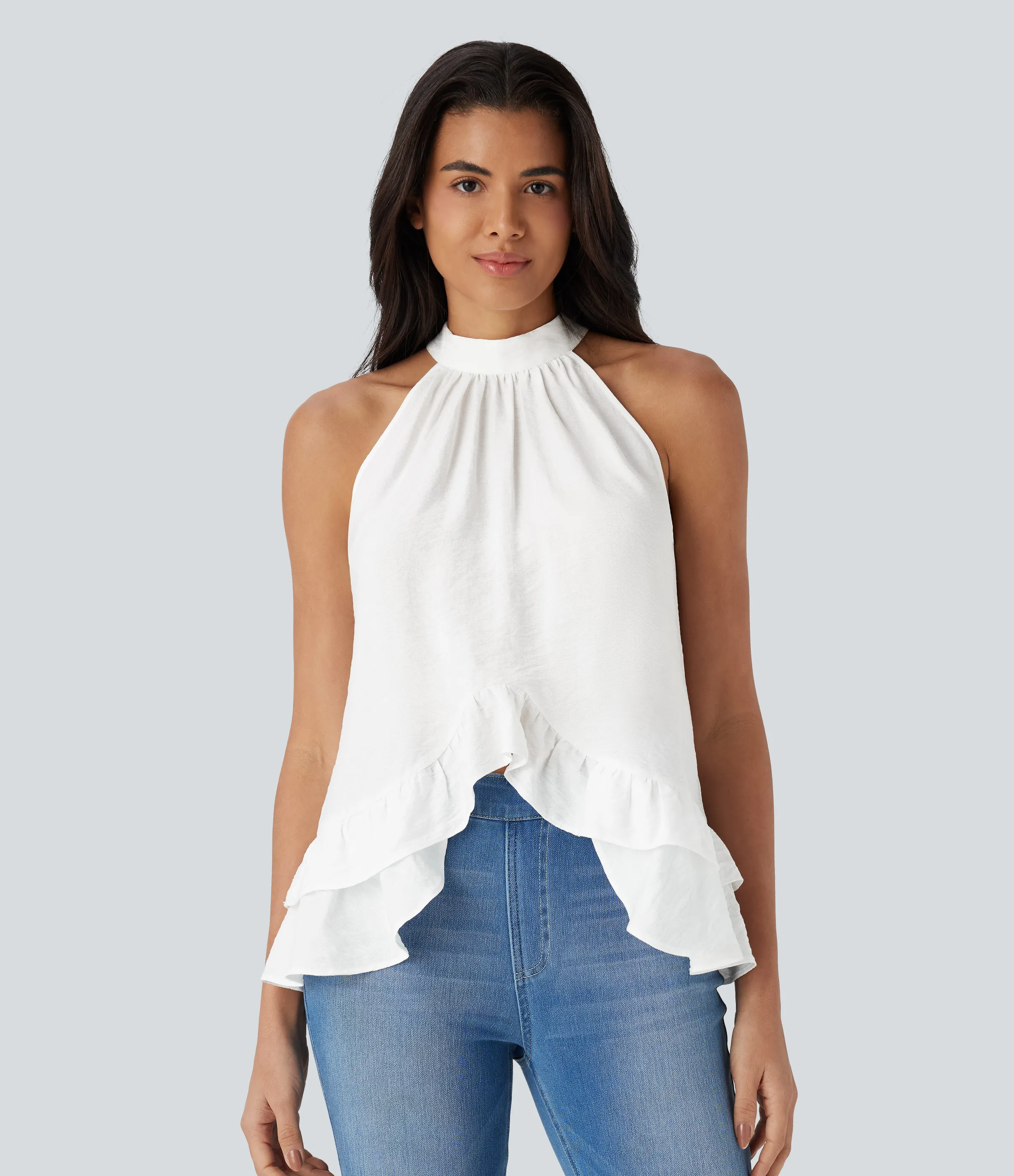 Halara Top asimétrico cuello alto sin mangas botón dobladillo volante - White - L sold by Halara