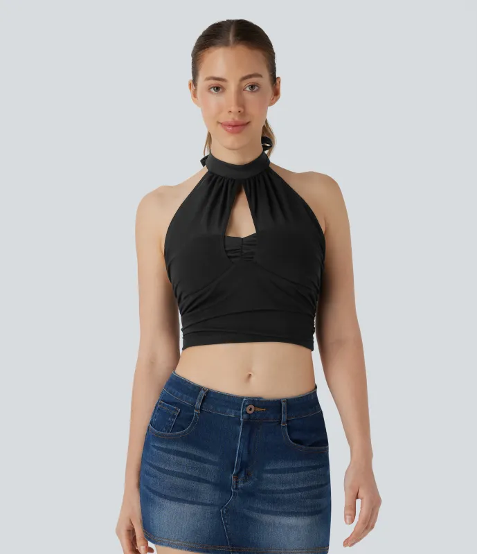 Halara Top corto malla contrastante cuello halter sin espalda lazo - Black - L sold by Halara