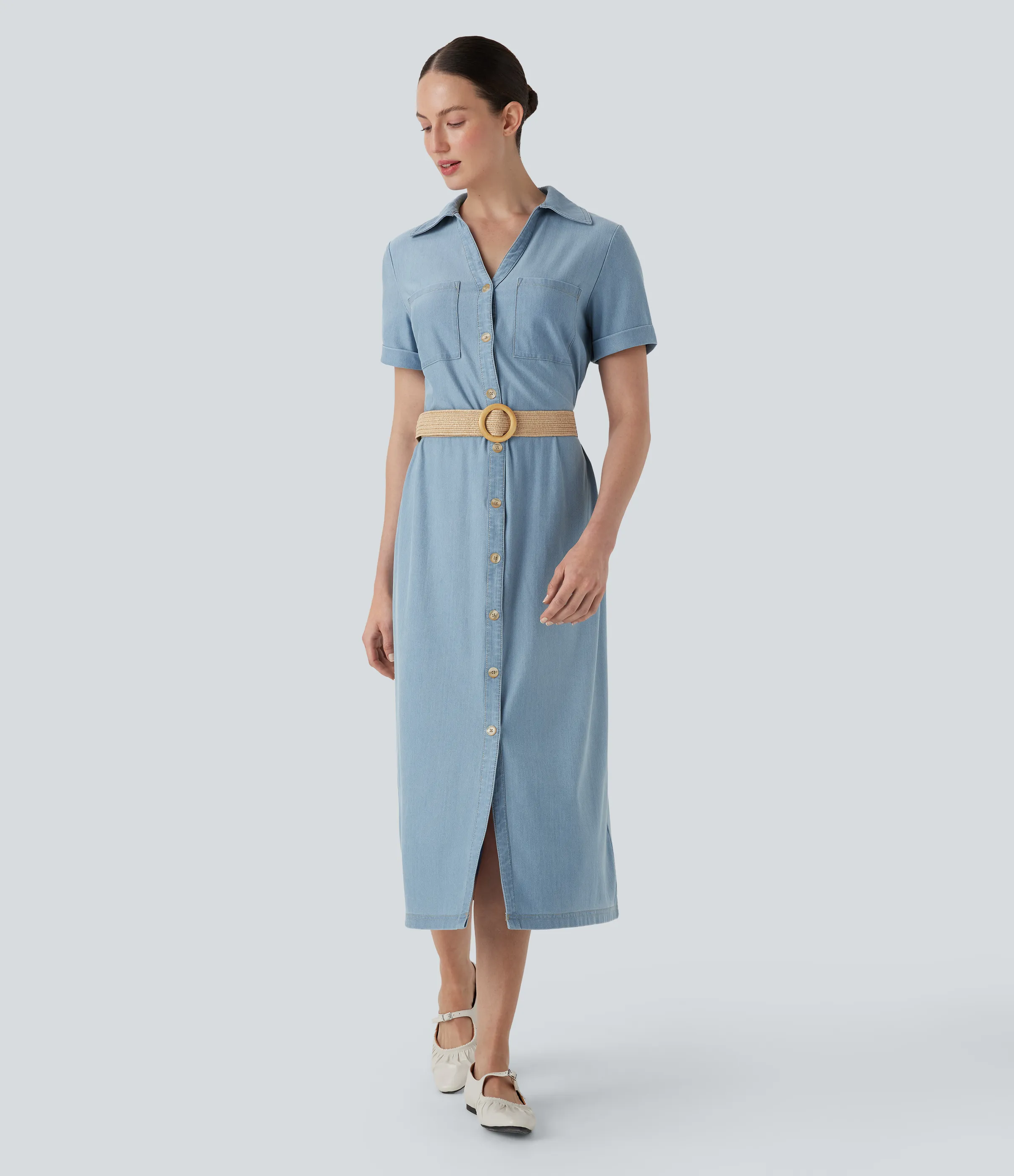 Halara Vestido midi casual de mezclilla elástica Halara Flex™ de manga corta con botones y bolsillos en el pecho - Moonstone Denim - M sold by Halara product image thumbnail 2