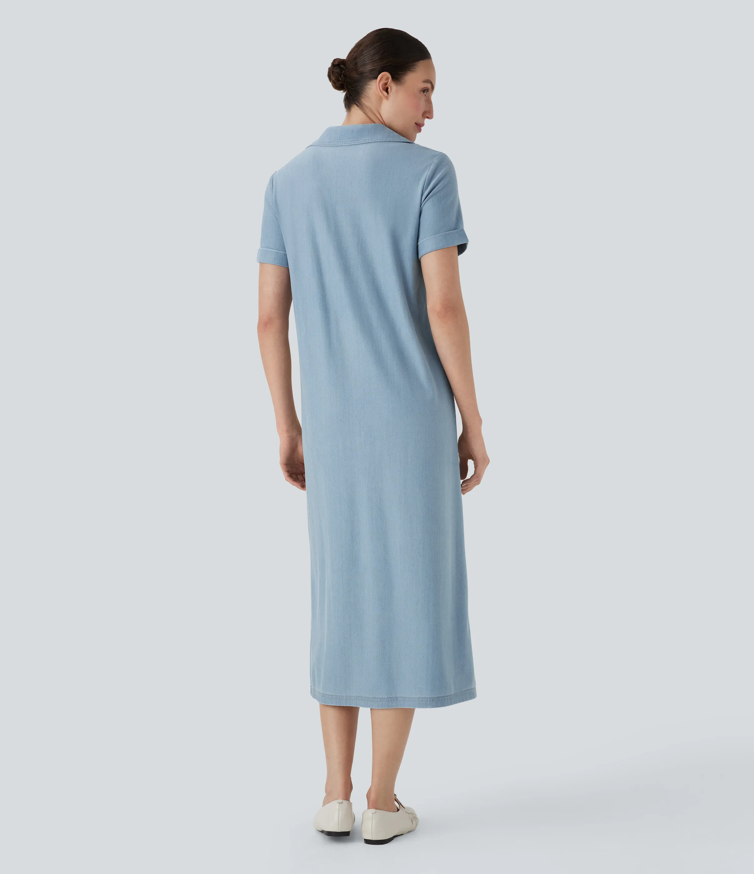 Halara Vestido midi casual de mezclilla elástica Halara Flex™ de manga corta con botones y bolsillos en el pecho - Moonstone Denim - M sold by Halara product image thumbnail 4