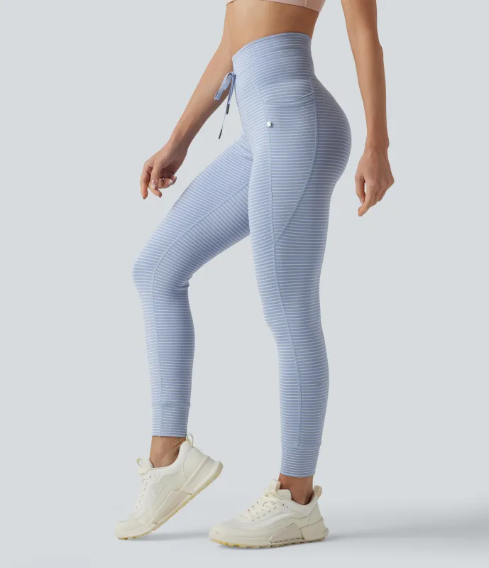 Halara Leggings de yoga de tiro alto a rayas con cordón y bolsillos - Cloud Stripe - XS(7/8) sold by Halara