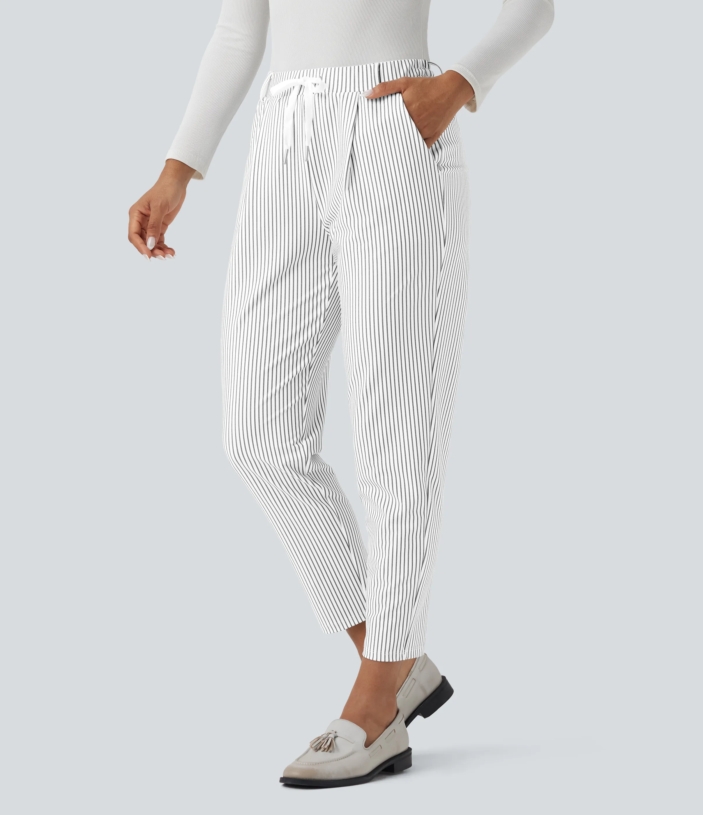 Halara Pantalones de oficina de tiro medio con rayas cónicas, cordón y bolsillos - Zebra Ripple - M(regular) sold by Halara