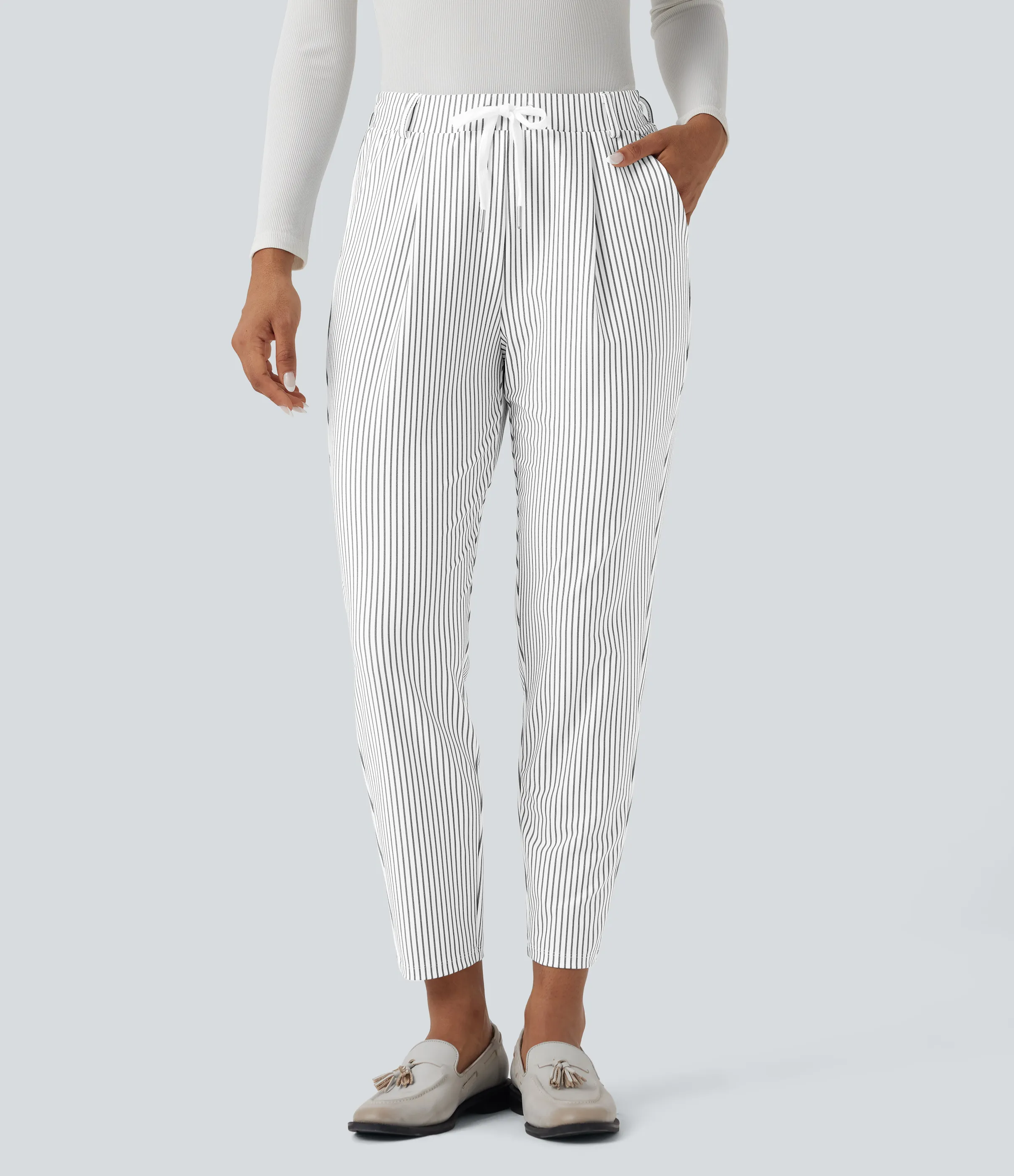 Halara Pantalones de oficina de tiro medio con rayas cónicas, cordón y bolsillos - Zebra Ripple - M(regular) sold by Halara product image thumbnail 4