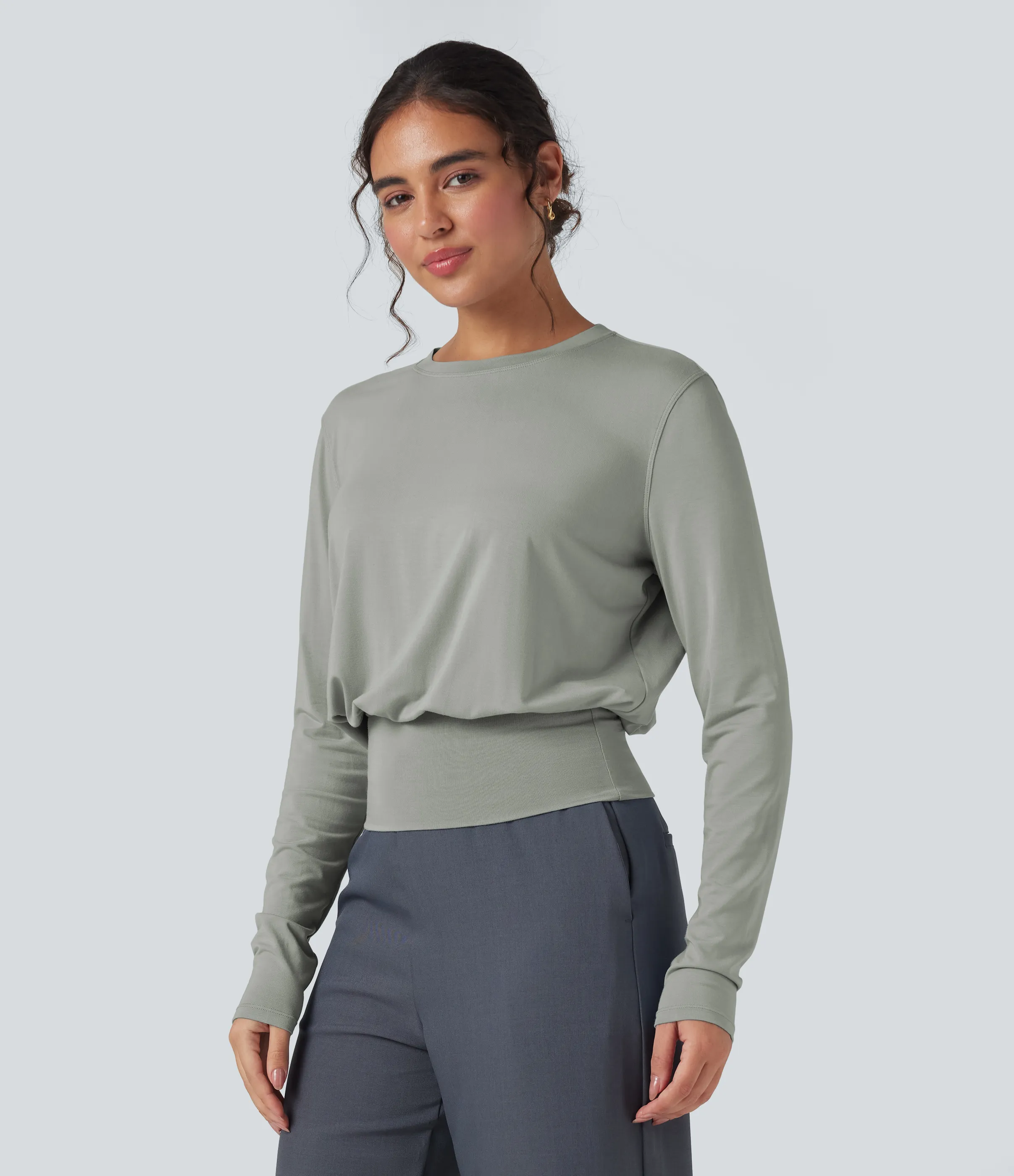 Halara Camiseta de oficina de manga larga y cuello redondo - Greenish Grey - S sold by Halara product image thumbnail 4