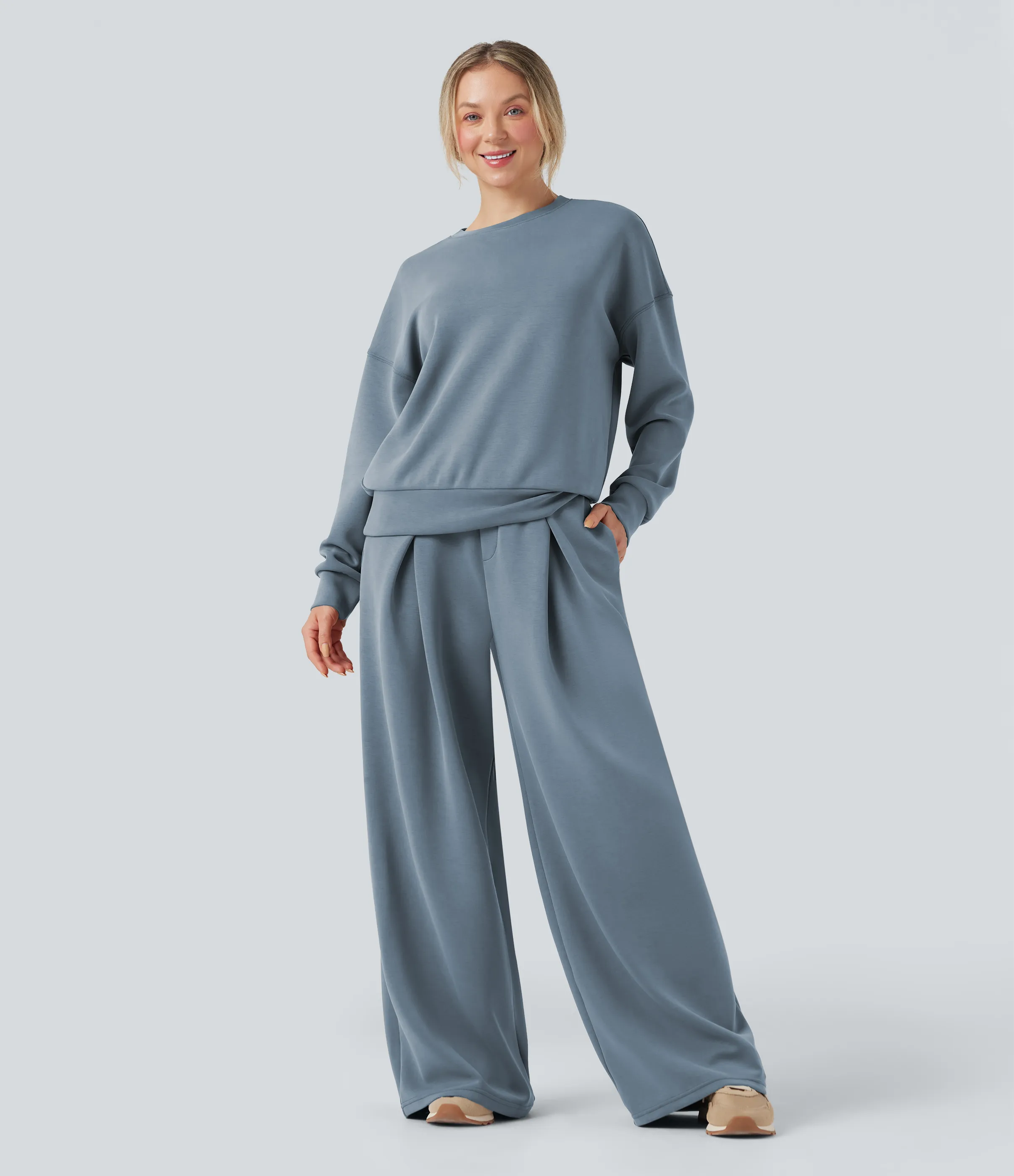 Halara Pantalones holgados casuales de tiro medio con cordón cruzado y bolsillos - Ashley Blue - S(regular) sold by Halara